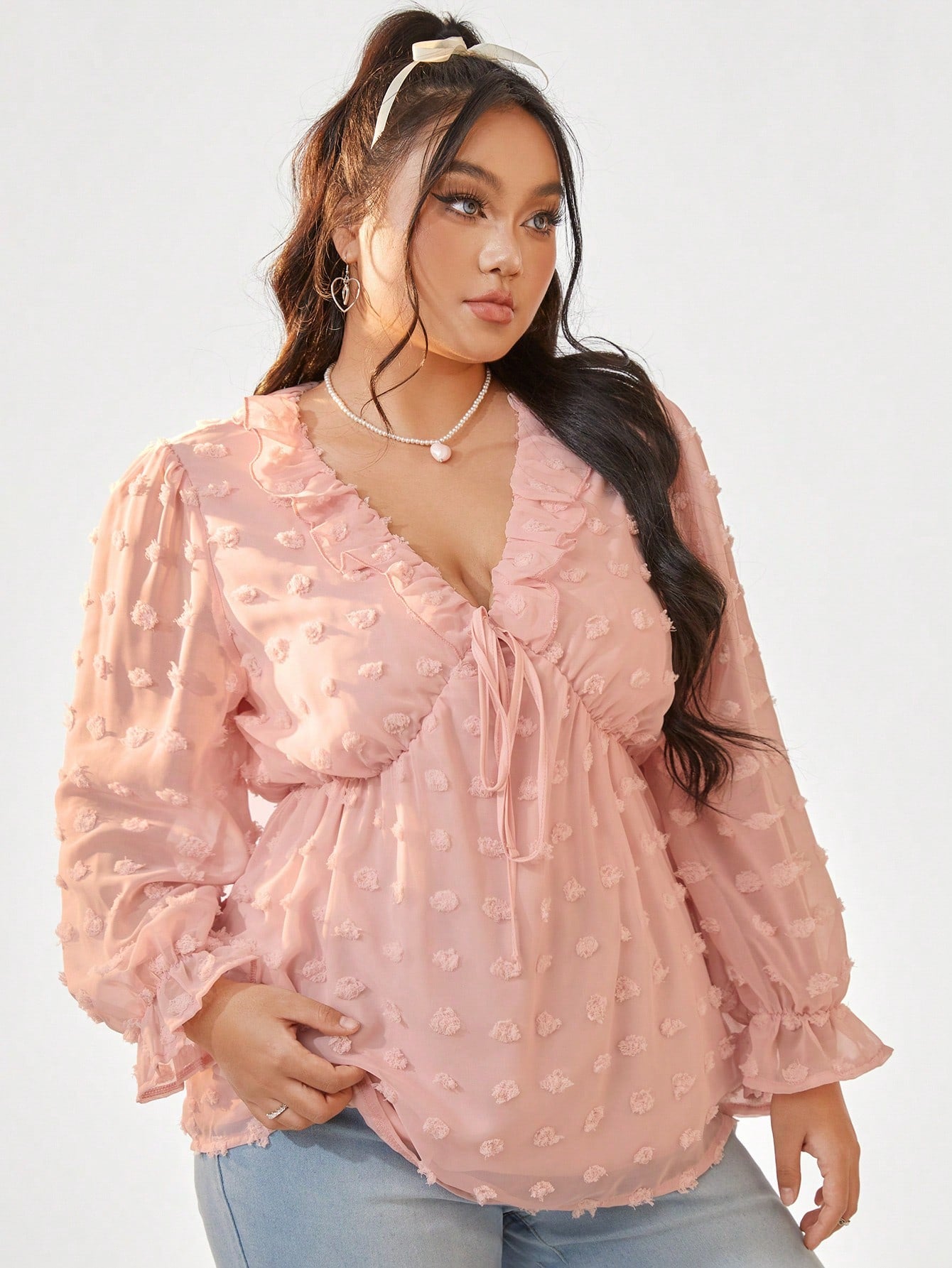 Plus Size Solid Color Ruffle Trim Shirt With Sash Design