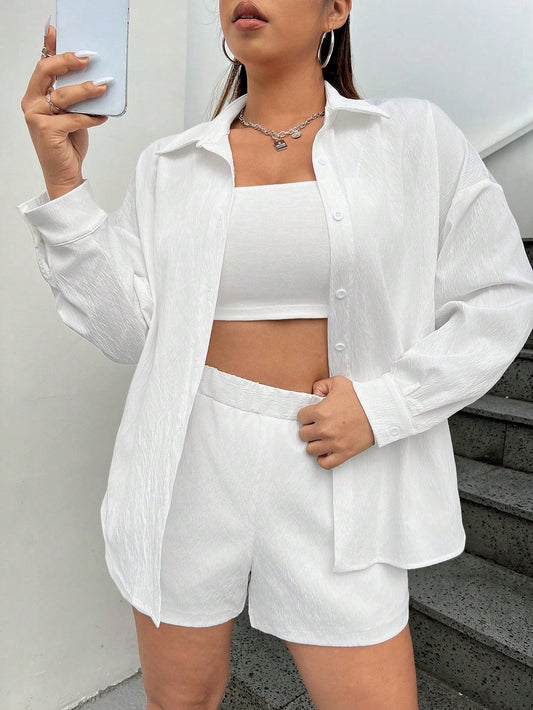 Plus Size Women's Drop-Shoulder Shirt And Shorts Set