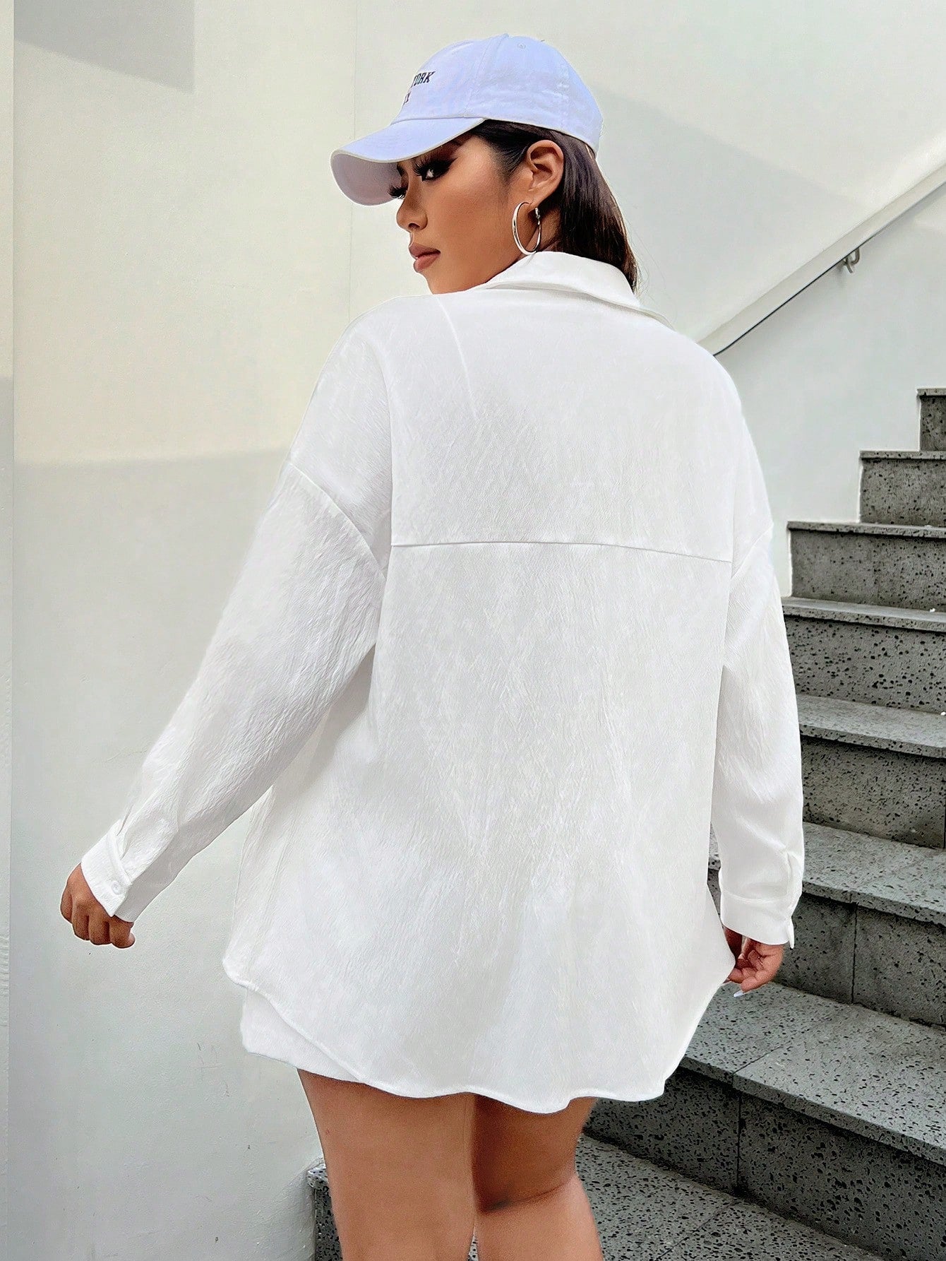 Plus Size Women's Drop-Shoulder Shirt And Shorts Set