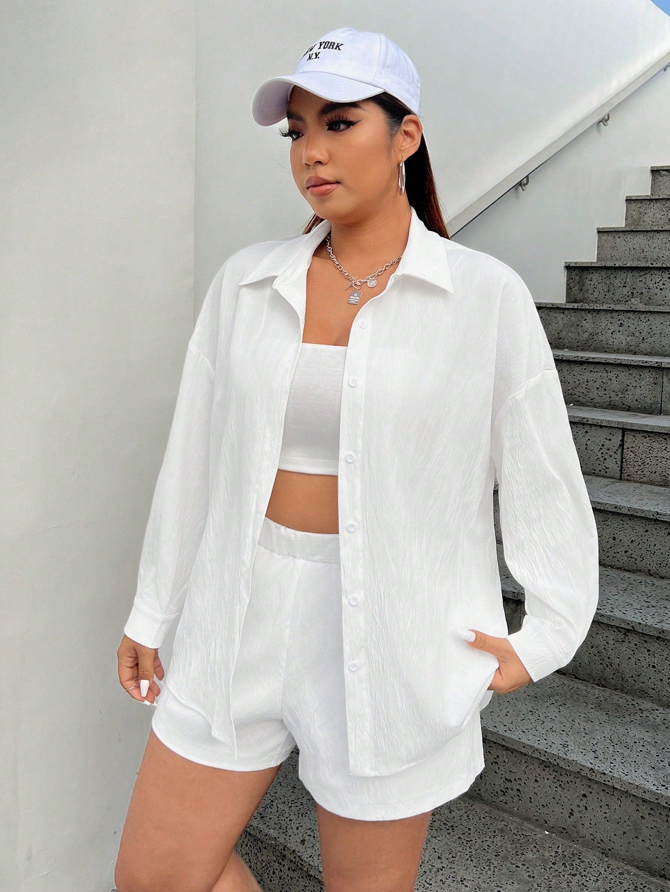 Plus Size Women's Drop-Shoulder Shirt And Shorts Set