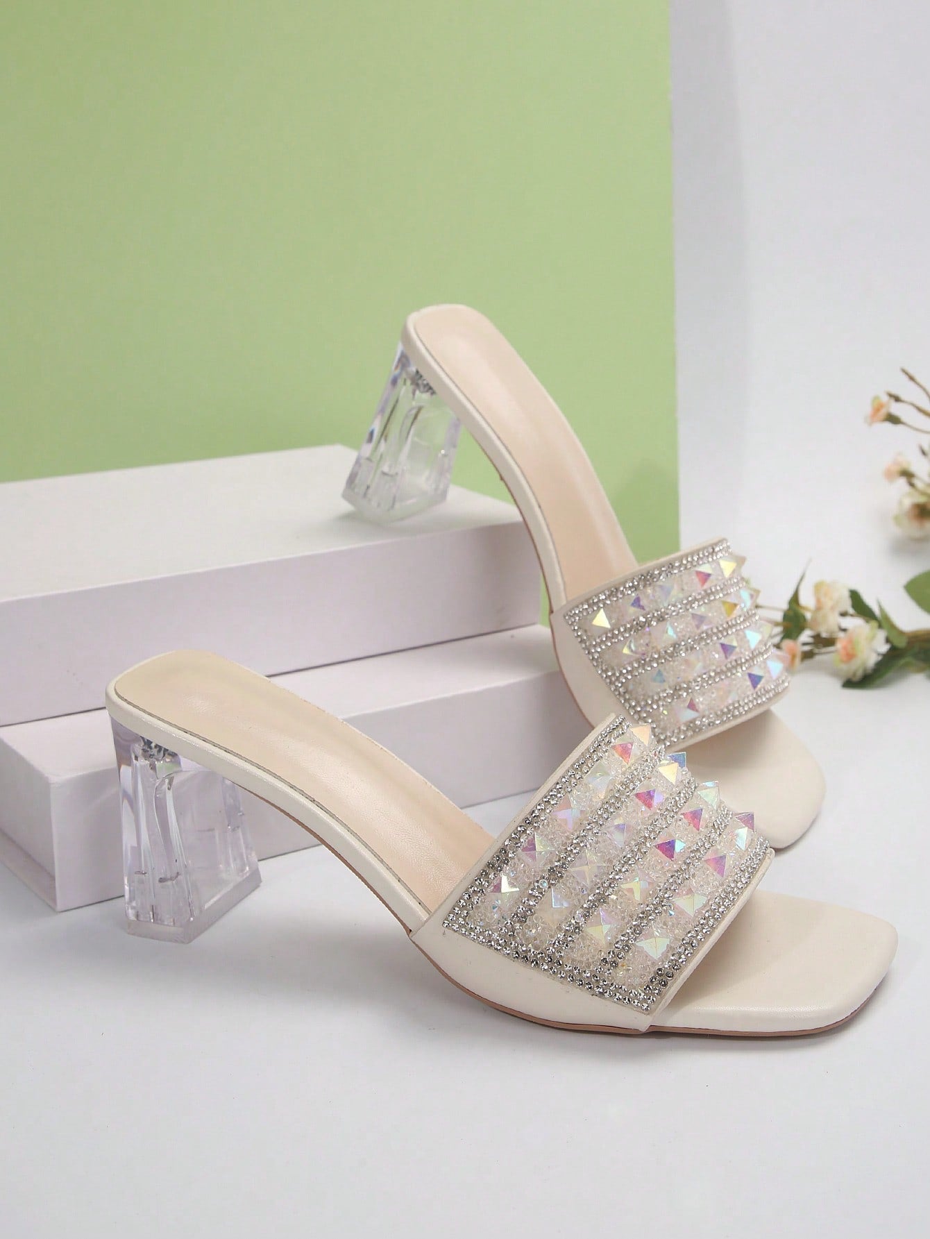 Women Rhinestone Decor Clear Chunky Heeled Mule Sandals, Glamorous Gold Glass Heeled Sandals