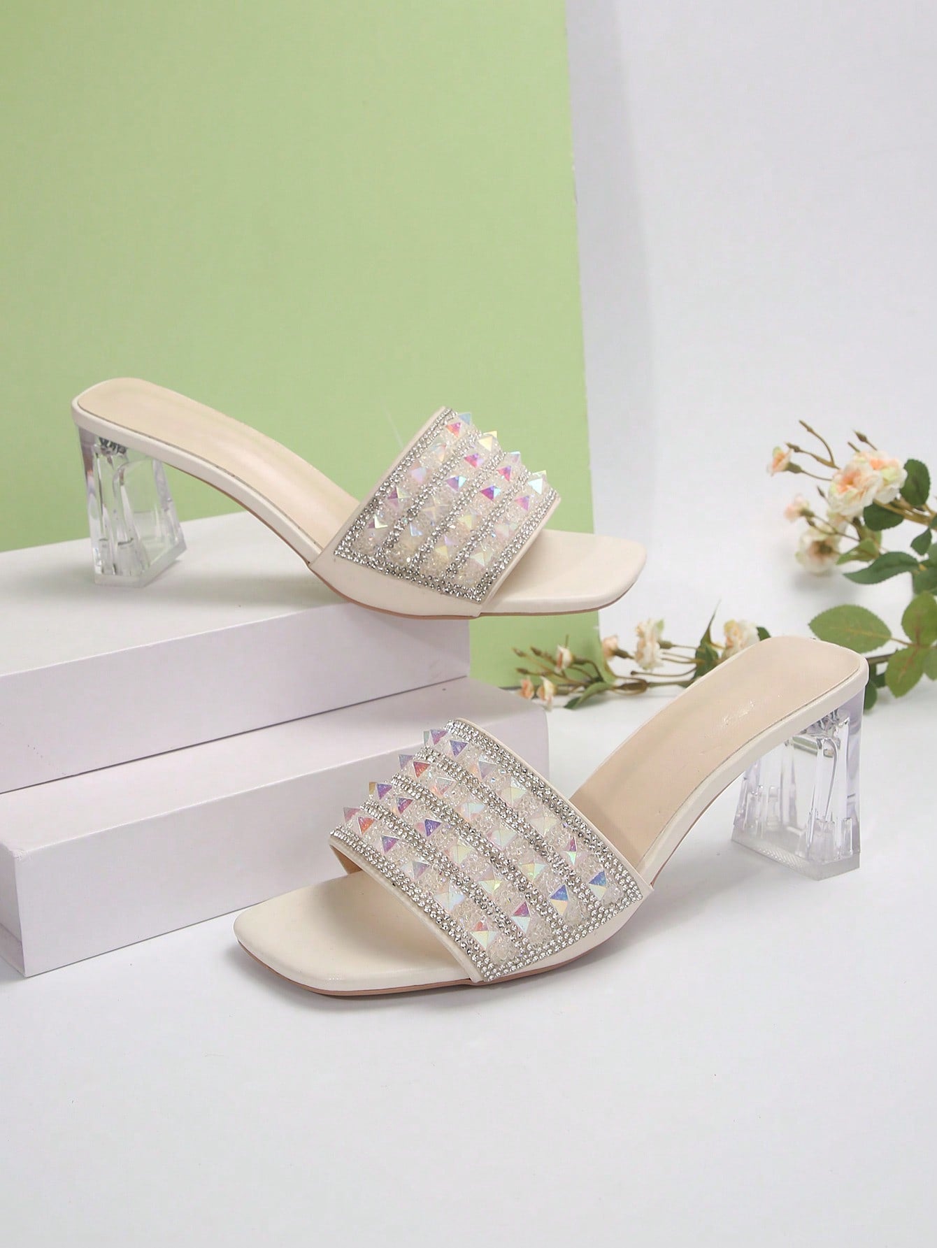 Women Rhinestone Decor Clear Chunky Heeled Mule Sandals, Glamorous Gold Glass Heeled Sandals