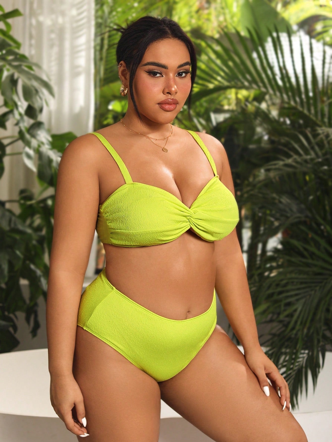 Plus Size Solid Color Bikini Set With Twisted Detailing