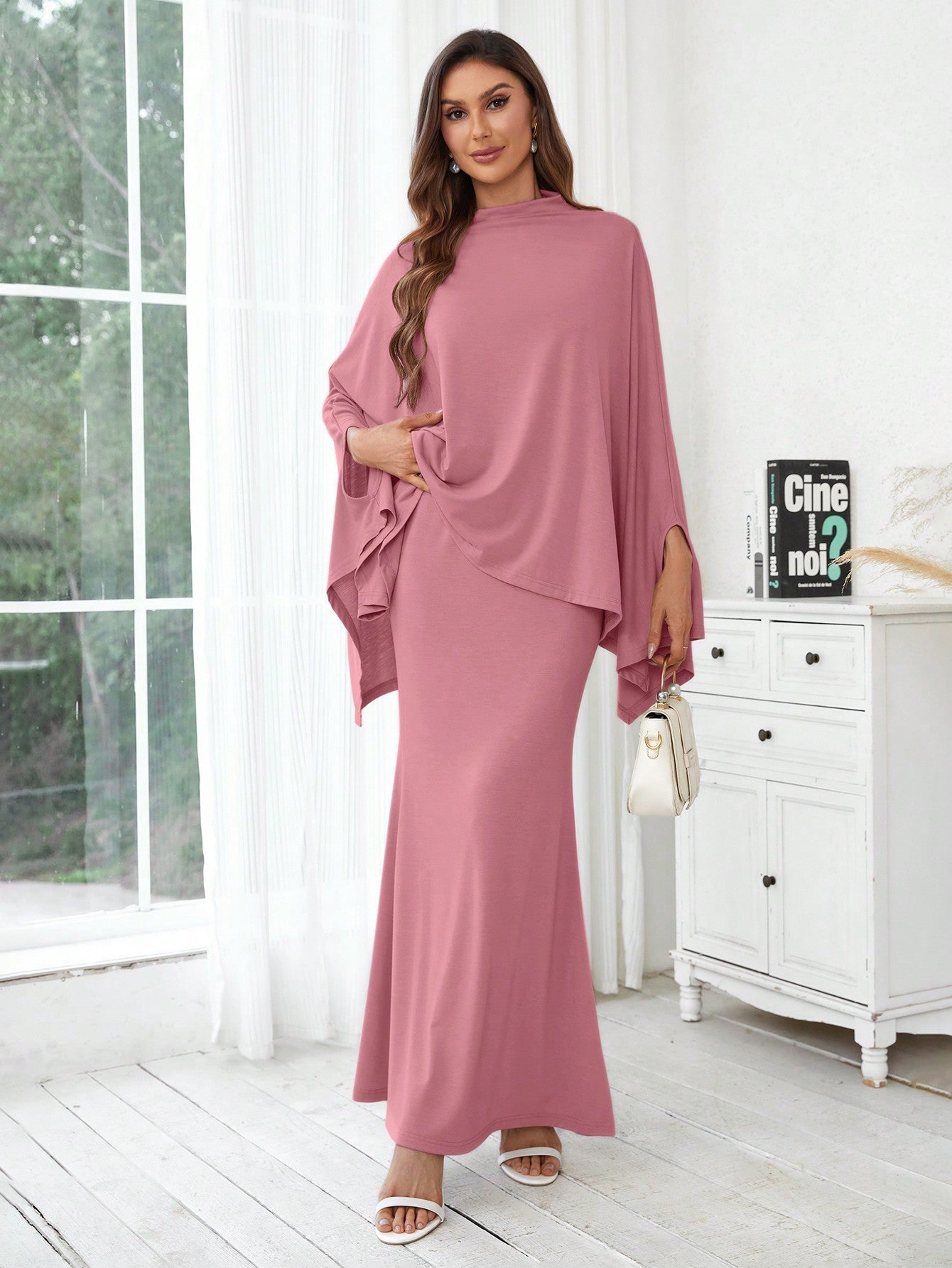 Ladies Solid Color Batwing Sleeve Top And Skirt Set