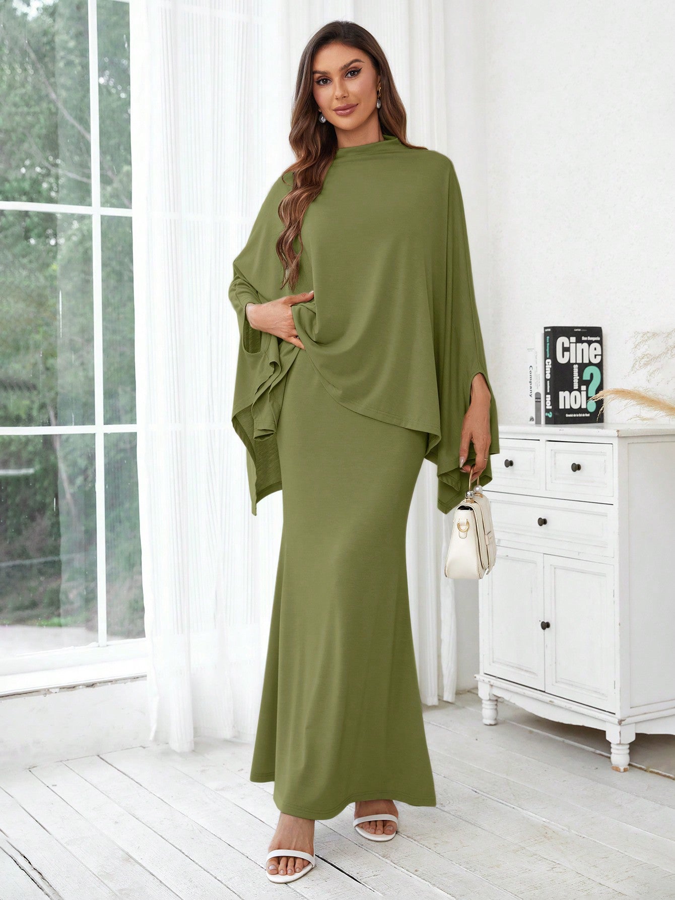 Ladies Solid Color Batwing Sleeve Top And Skirt Set