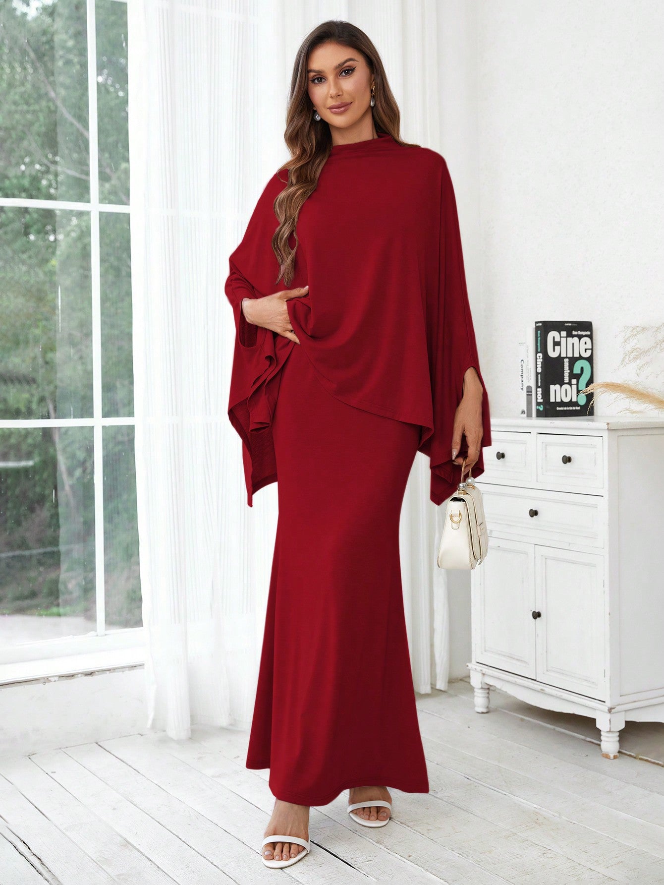 Ladies Solid Color Batwing Sleeve Top And Skirt Set