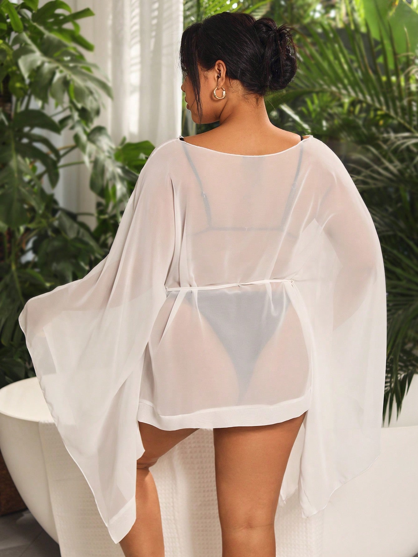 Plus Size Women's Batwing Sleeve Belted See-Through Cover Up Dress, Long Sleeve Cruise Outfit Beach Outfit Vacay Vibe