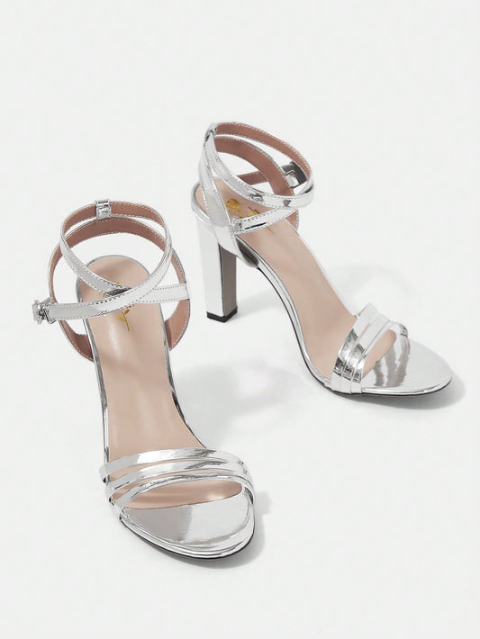 Belle Round Toe Chunky Heel Simple Style Women'S Silver High-Heeled Sandals
