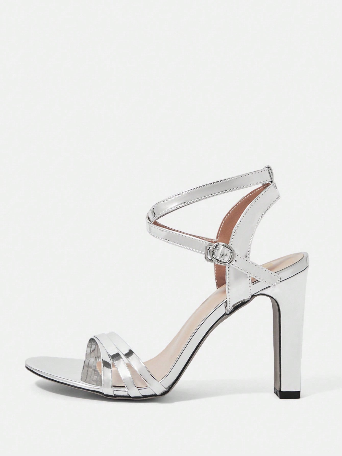 Round Toe Chunky Heel Silver High-Heeled Sandals