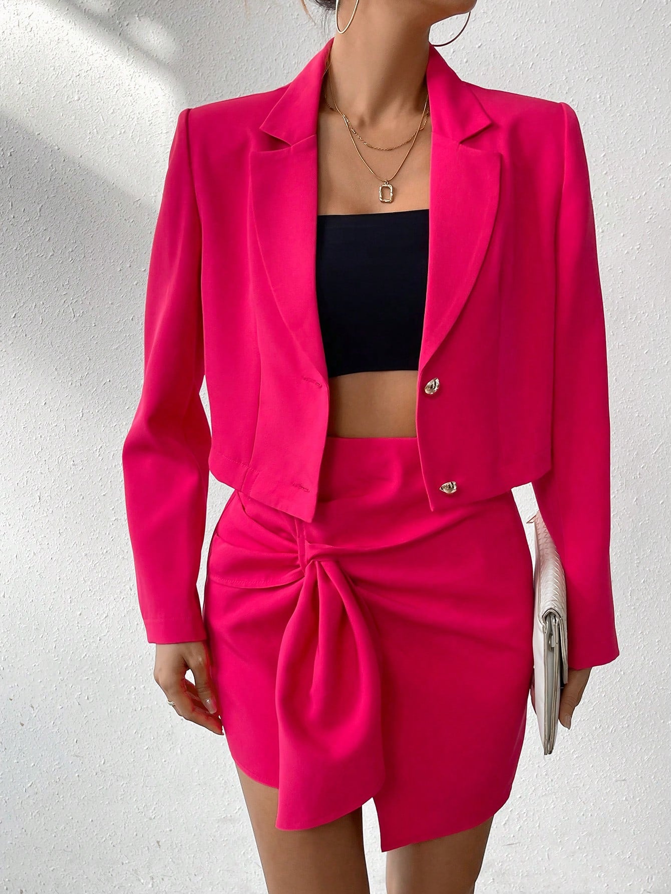 Ladies' Lapel Solid Color Long Sleeve Blazer And Skirt Set