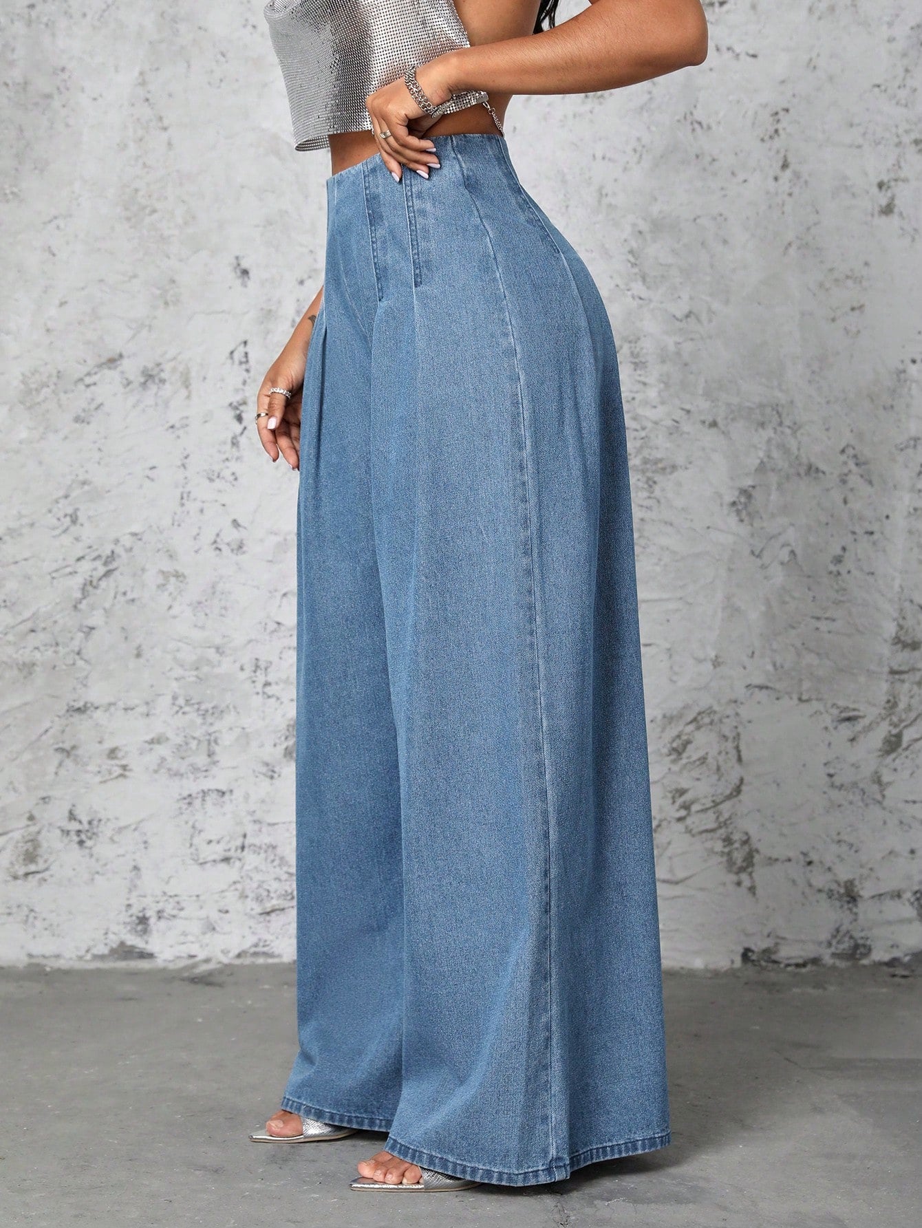 Sexy Pleated Wide Leg Denim Pants