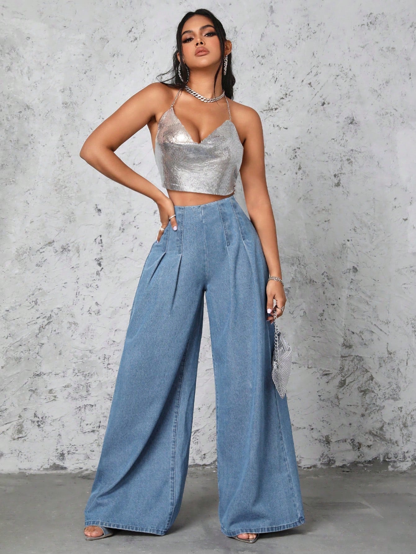 Sexy Pleated Wide Leg Denim Pants