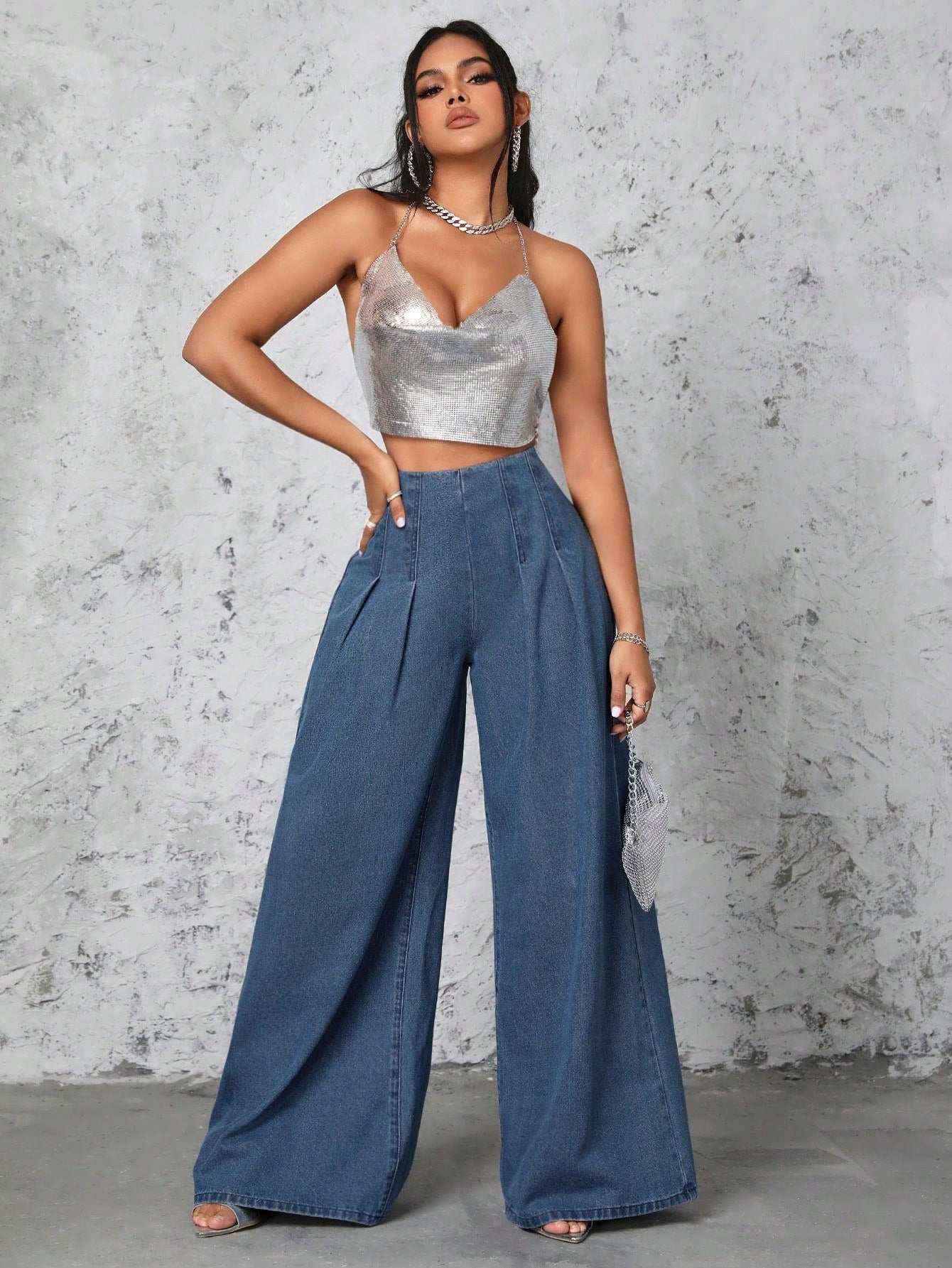 Sexy Pleated Wide Leg Denim Pants