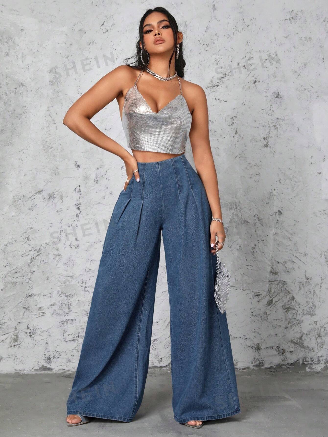 Sexy Pleated Wide Leg Denim Pants