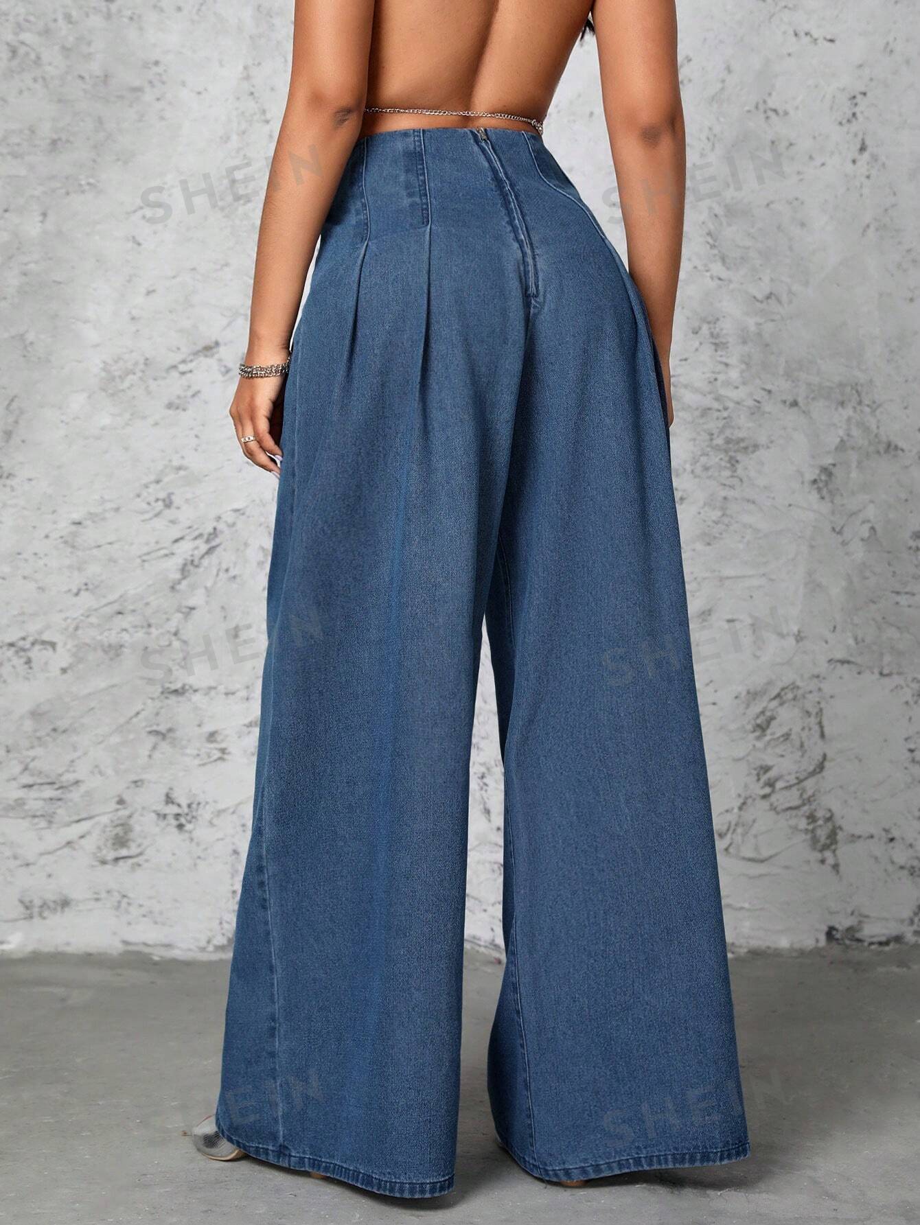 Sexy Pleated Wide Leg Denim Pants