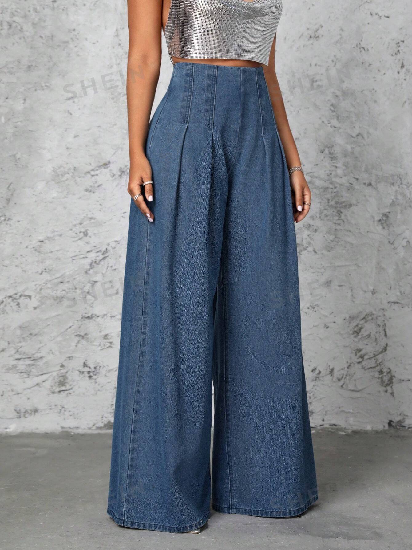 Sexy Pleated Wide Leg Denim Pants