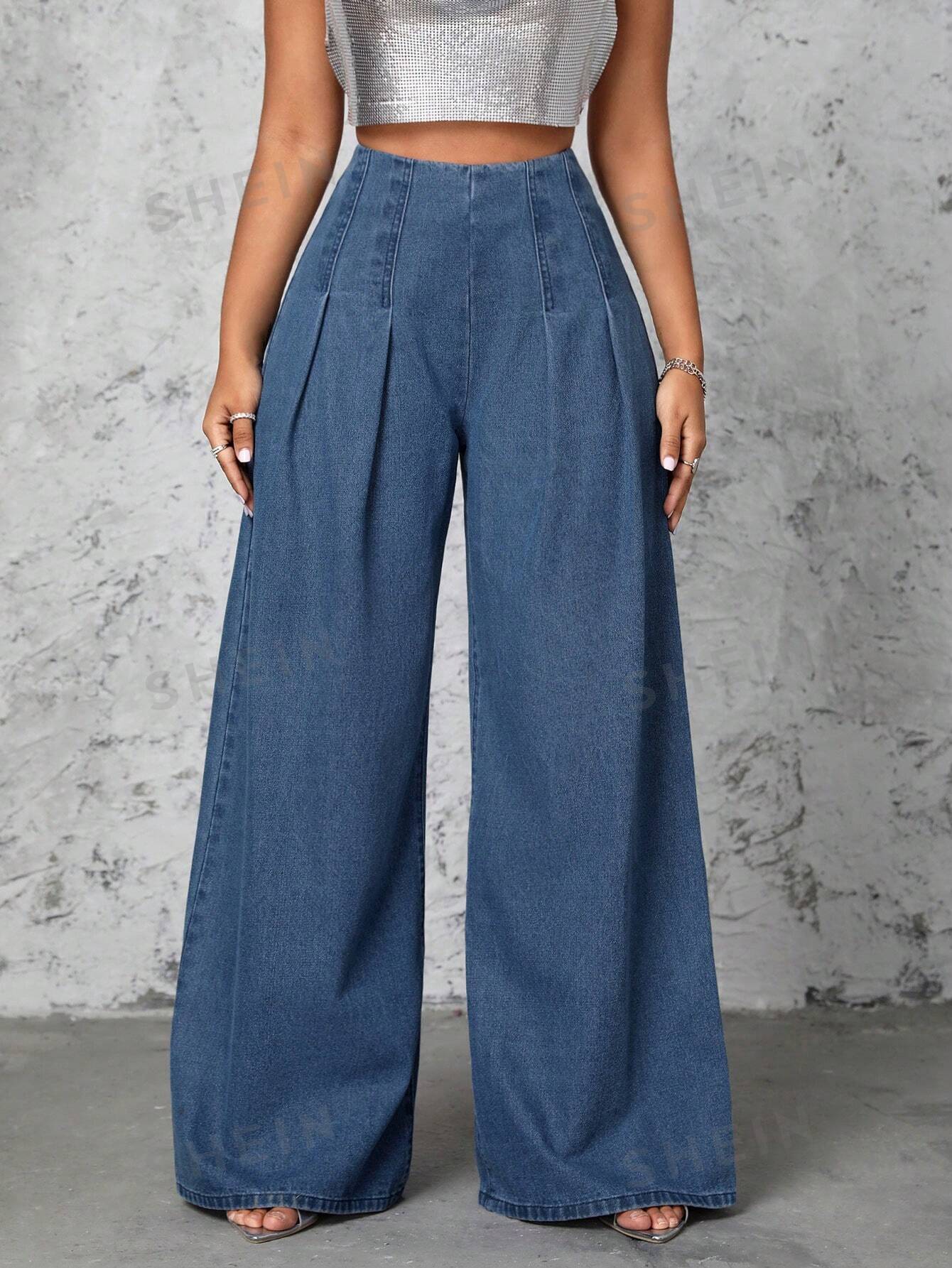 Sexy Pleated Wide Leg Denim Pants