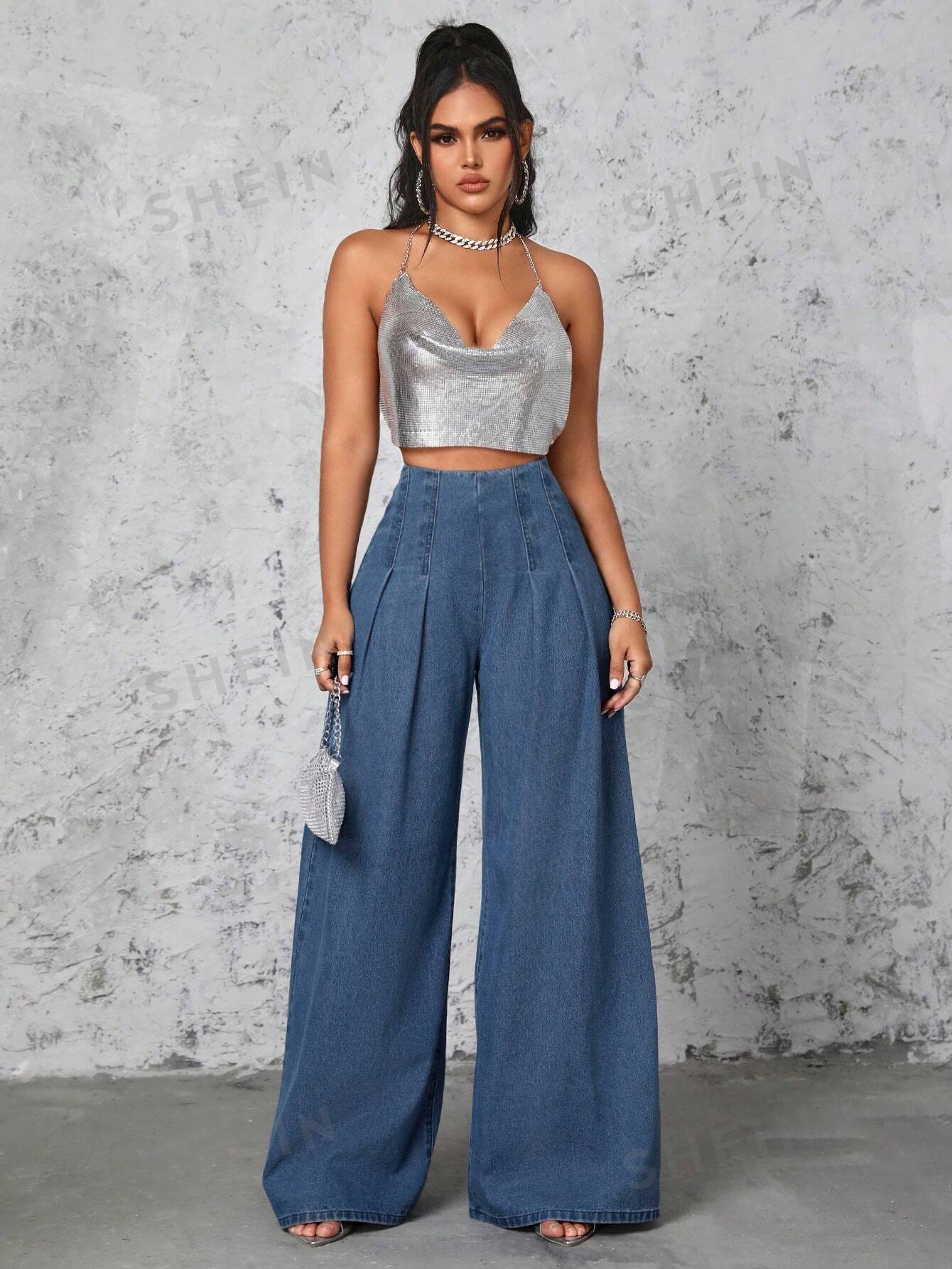 Sexy Pleated Wide Leg Denim Pants