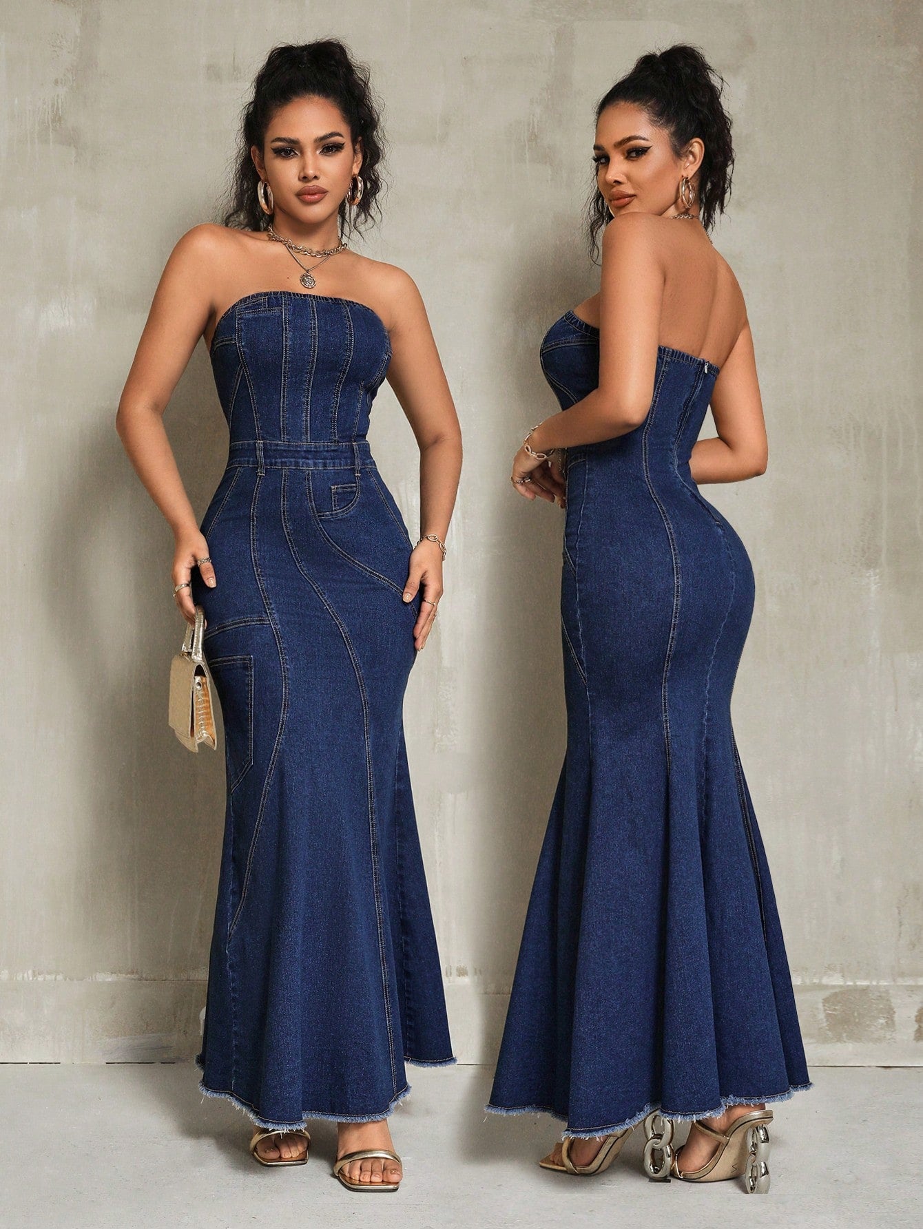 Elegant Denim Strapless Mermaid Hem Maxi Dress