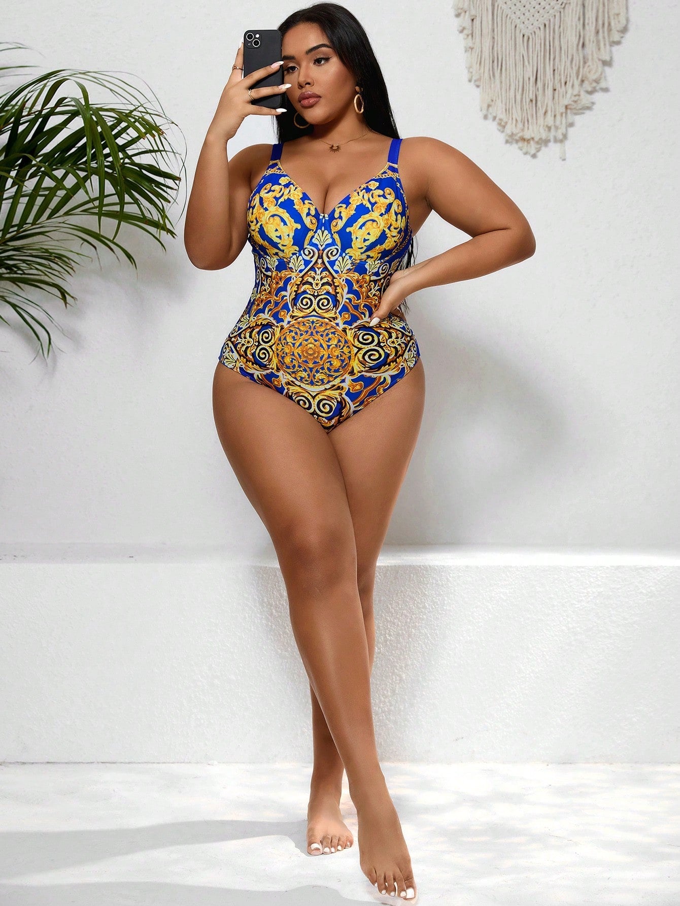 Plus Size V-Neck Color Block Baroque Printed One-Piece Swimsuit, Bathing Suit Beach Outfit Vacay Vibe