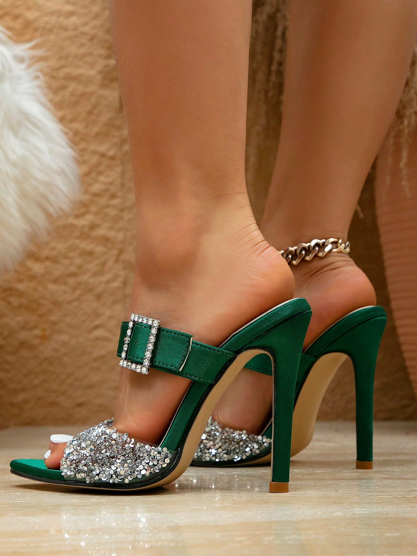 Women's Fashionable Sexy One-Strap Diamond & Green Color Elegant Stiletto Pointed Toe Dress Shoes