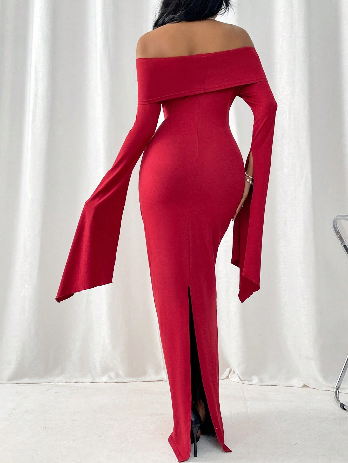 Women Off-Shoulder Bodycon Dress With Collar, Long