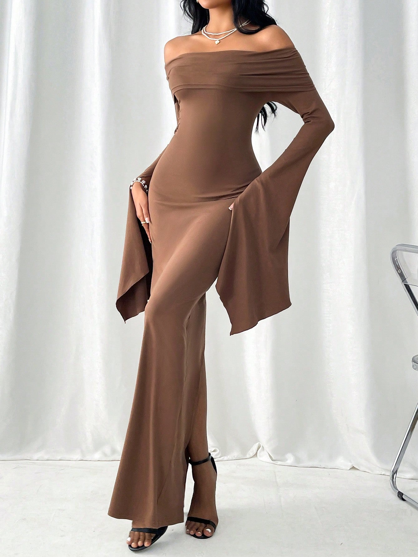 Women Off-Shoulder Bodycon Dress With Collar, Long