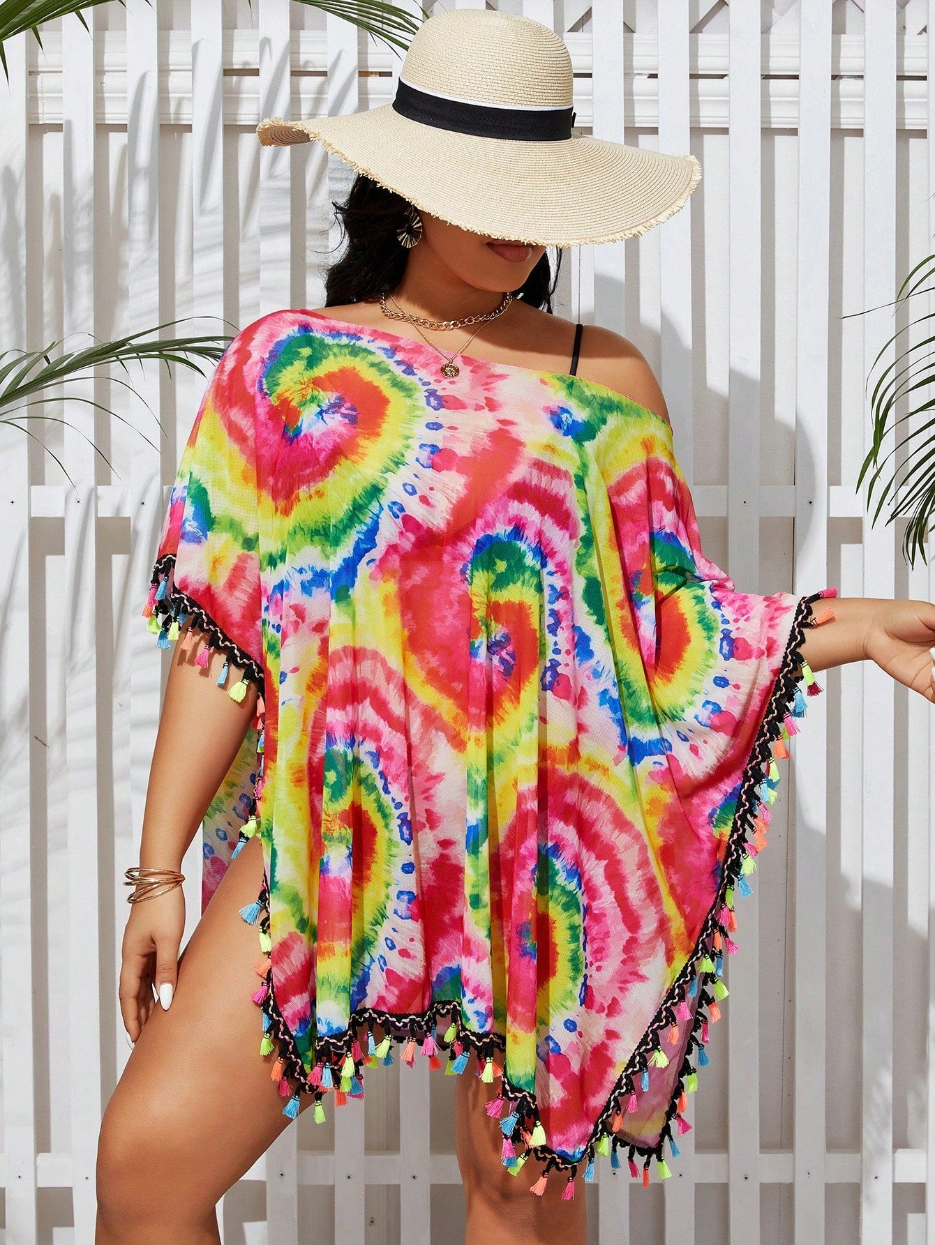 Plus Size Women's Tie-Dye Fringed Lace Crochet Knit Cover-Up