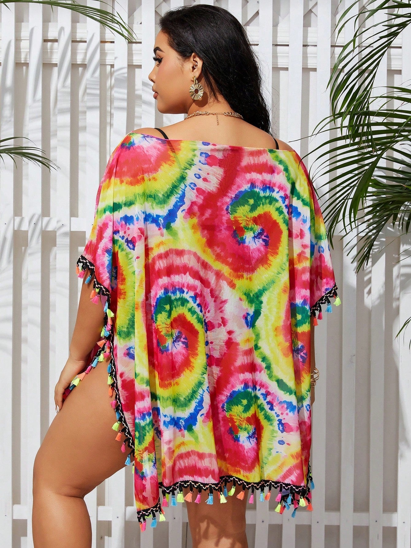 Plus Size Women's Tie-Dye Fringed Lace Crochet Knit Cover-Up