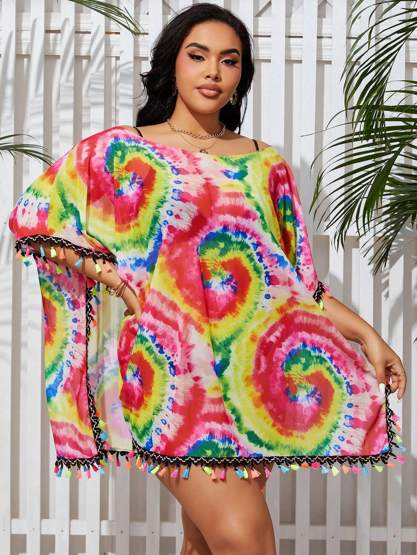 Plus Size Women's Tie-Dye Fringed Lace Crochet Knit Cover-Up