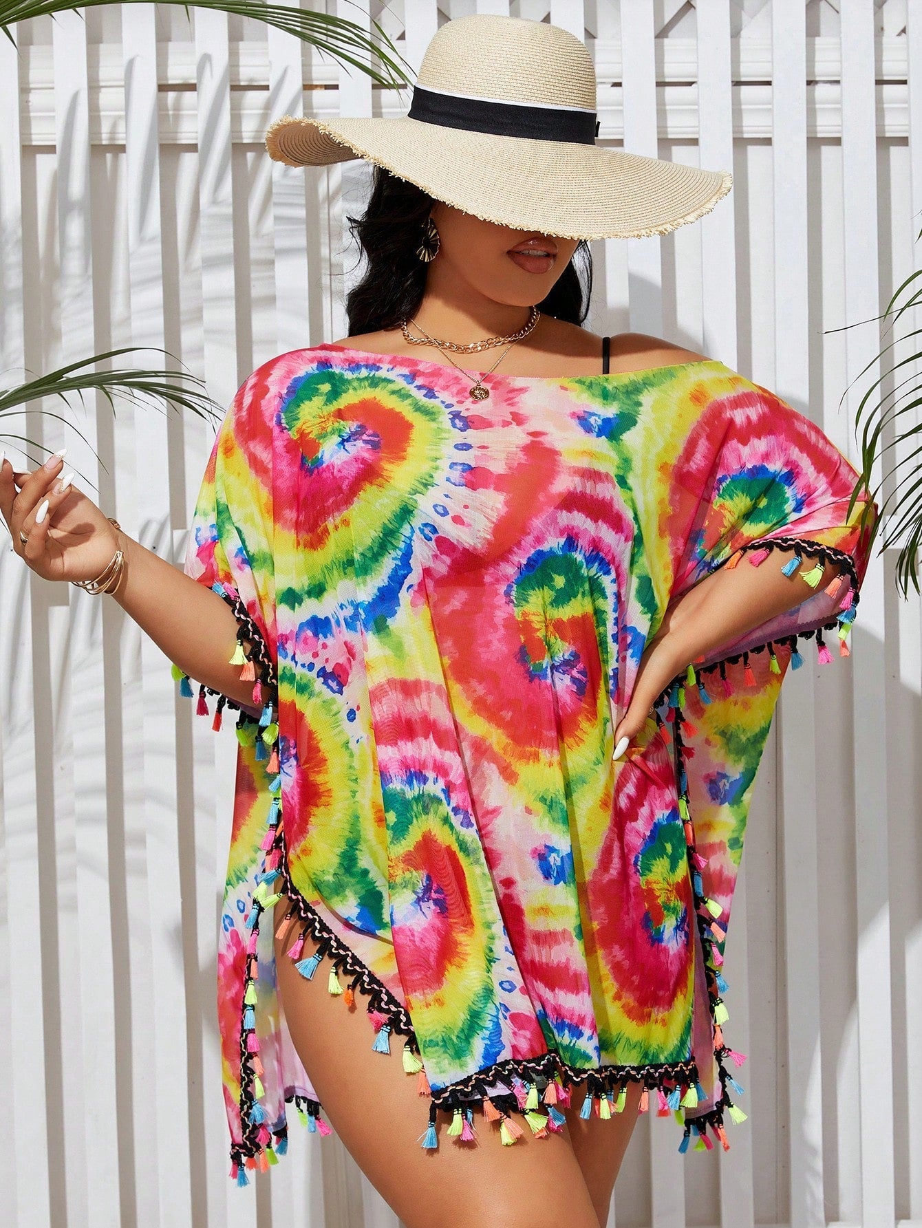 Plus Size Women's Tie-Dye Fringed Lace Crochet Knit Cover-Up