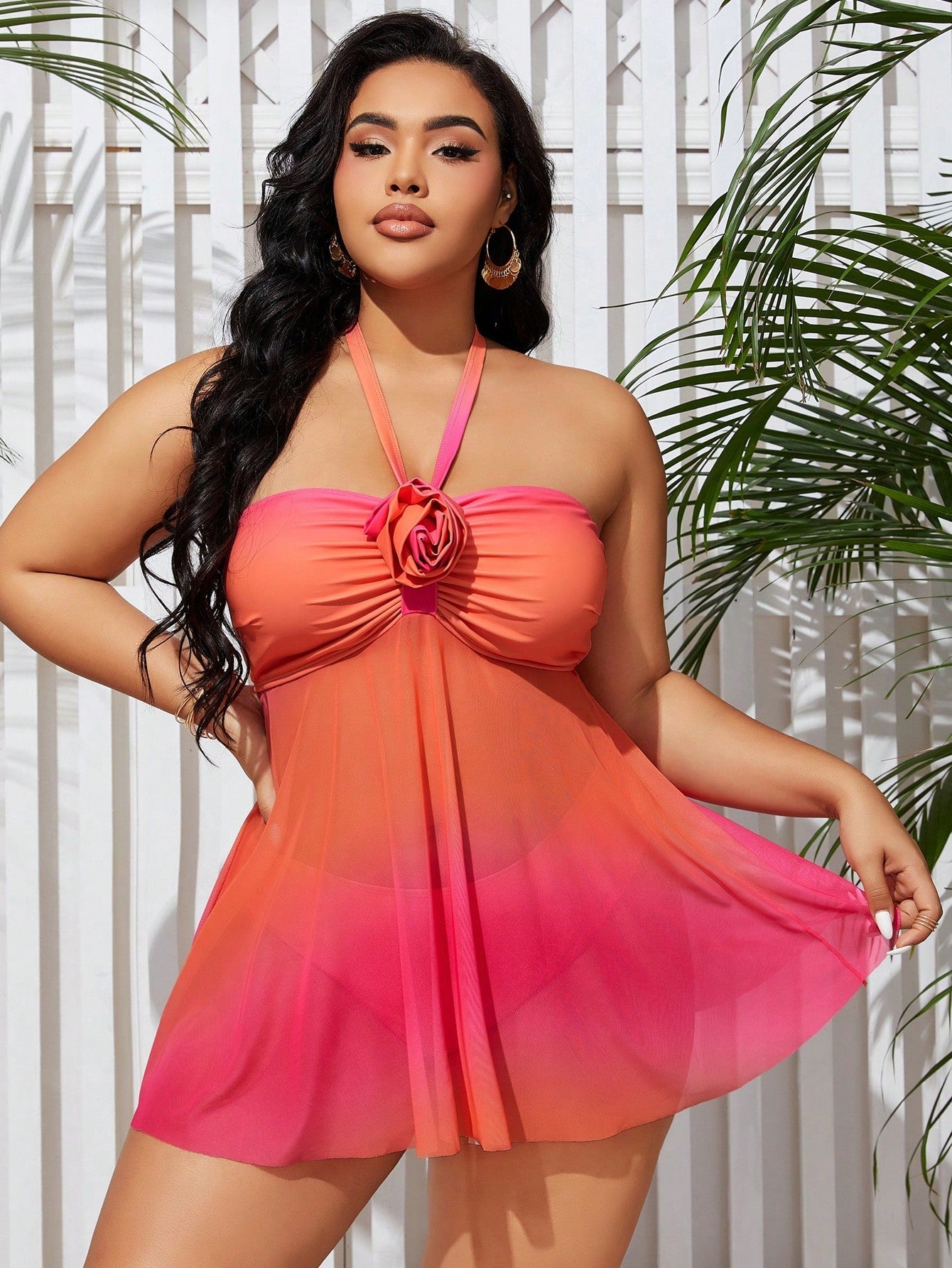 Women's Plus Size 3d Flower Gradient Halter Neck Tankini Swimsuit, Bathing Suit Beach Outfit Vacay Vibe