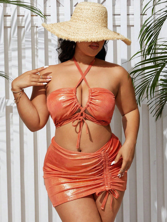 Plus Size Women's Solid Color Front Button Drawstring Ruched Swimsuit 3pcs Set, Bikini Swimwear Bathing Suit Beach Outfit Music Festival Summer Vacation