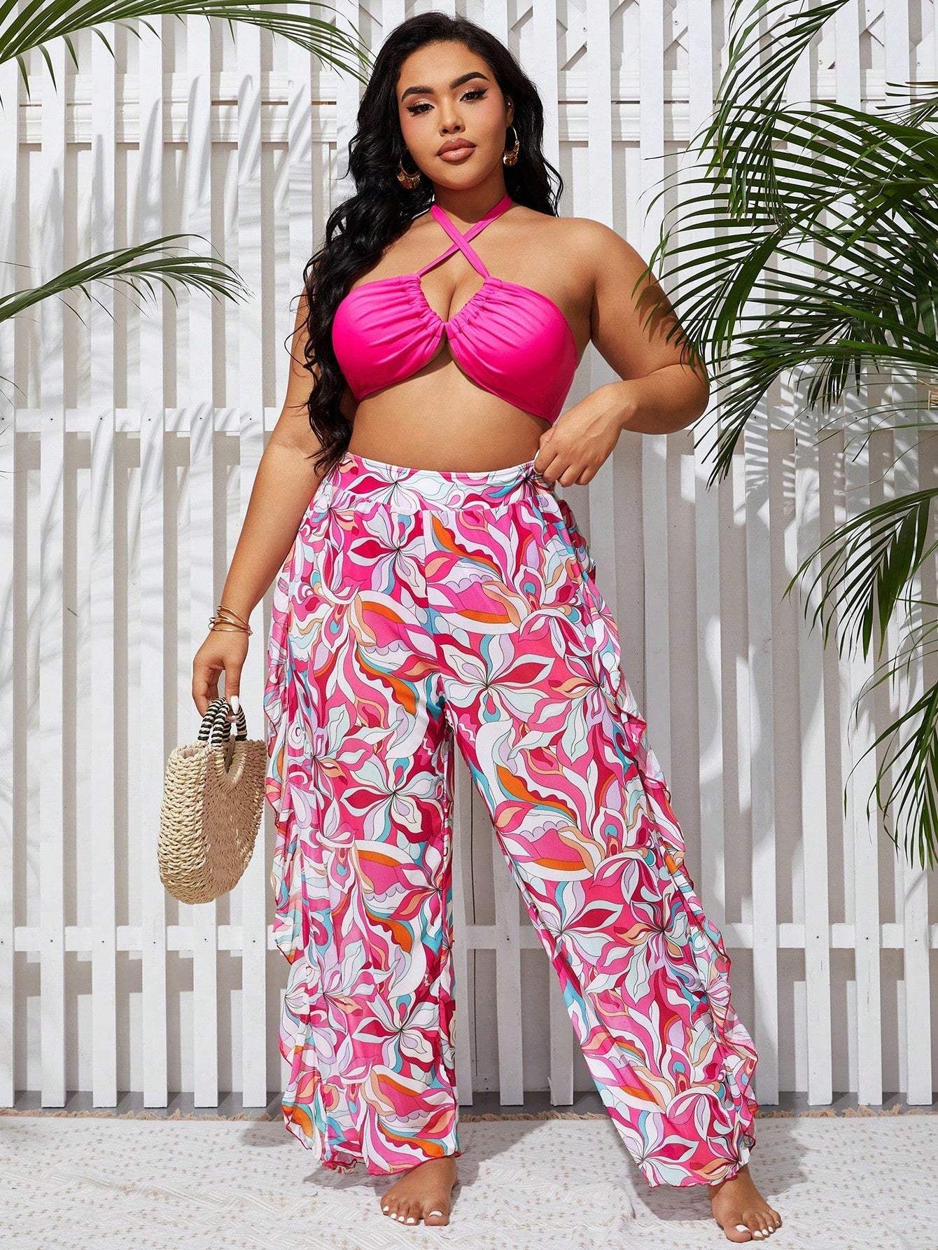 Women's Plus Size Printed Swimwear Set, Bikini Swimsuit With Cover Up Pants Bathing Suit Beach Outfit Summer Vacation