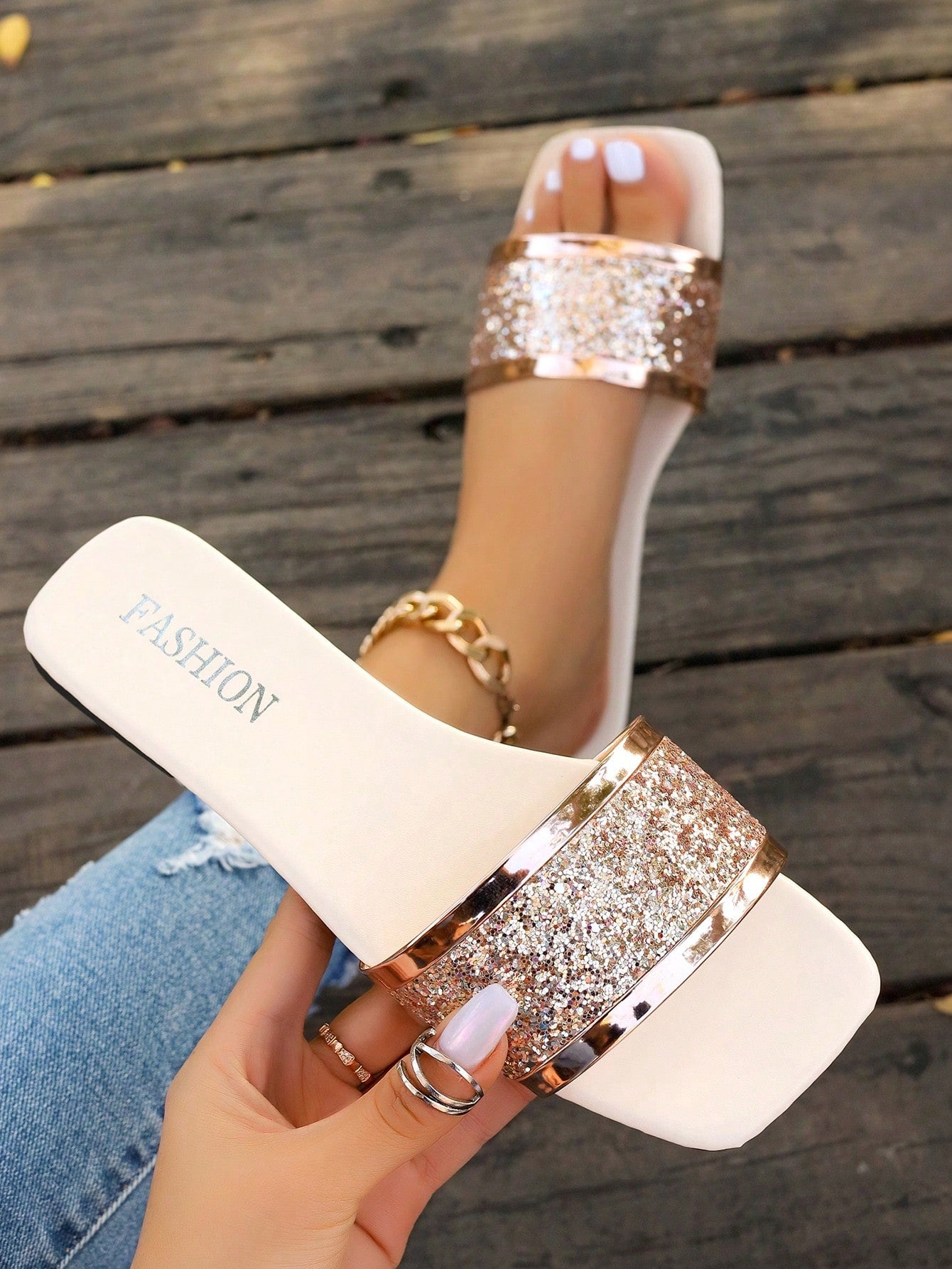 Women's New Style Crystal Glitter Rhinestone Open Toe Flat Sandals