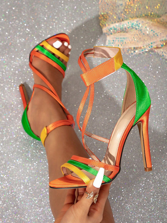 Multicolor High Heel Women's Sandals, Double Straps Convenient Magic Tape Round Toe Design, Sexy Look