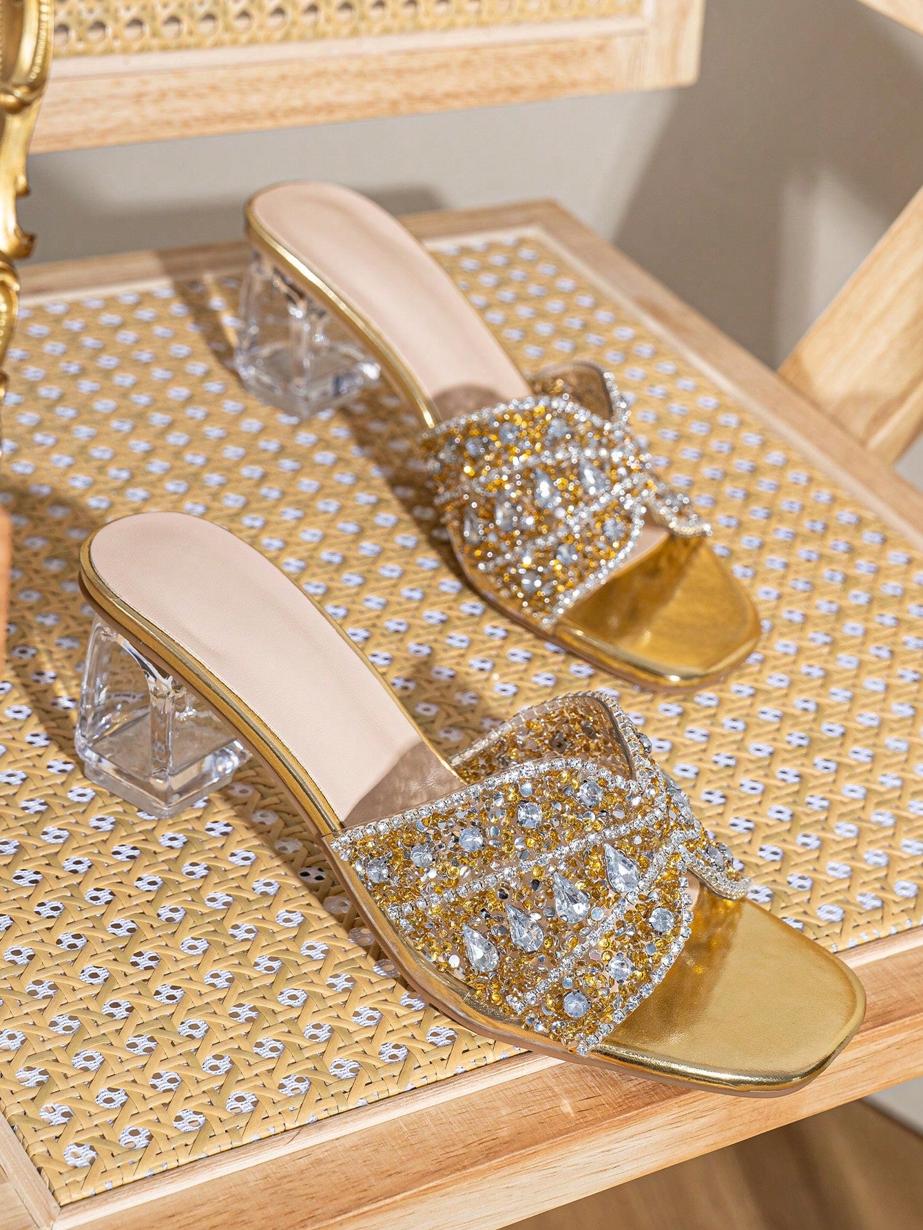 Women Rhinestone Decor Clear Chunky Heeled Mule Sandals, Glamorous Gold Glass Heeled Sandals