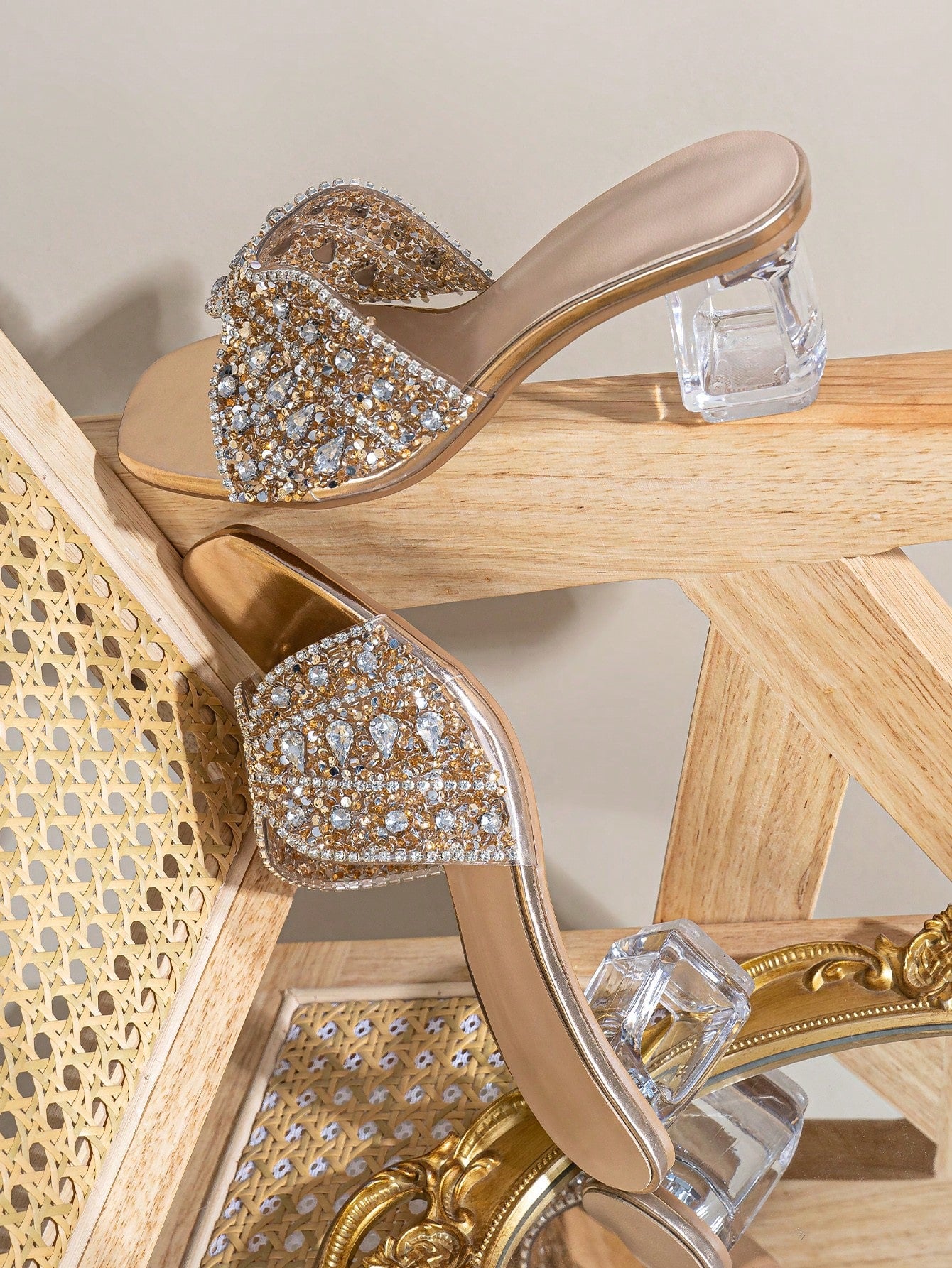 Women Rhinestone Decor Clear Chunky Heeled Mule Sandals, Glamorous Gold Glass Heeled Sandals