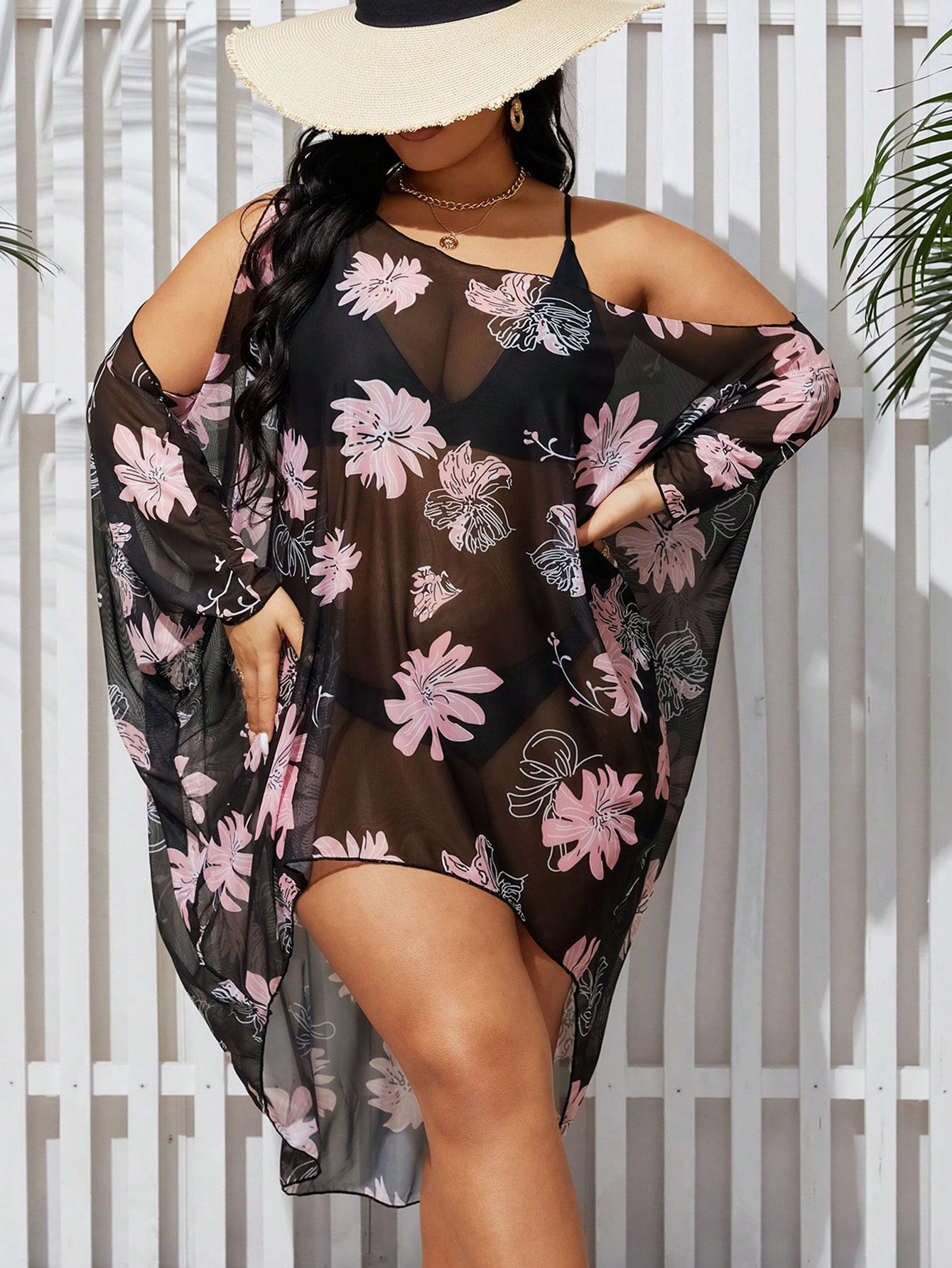 Plus Size Floral Printed Asymmetric Collar Cover Up