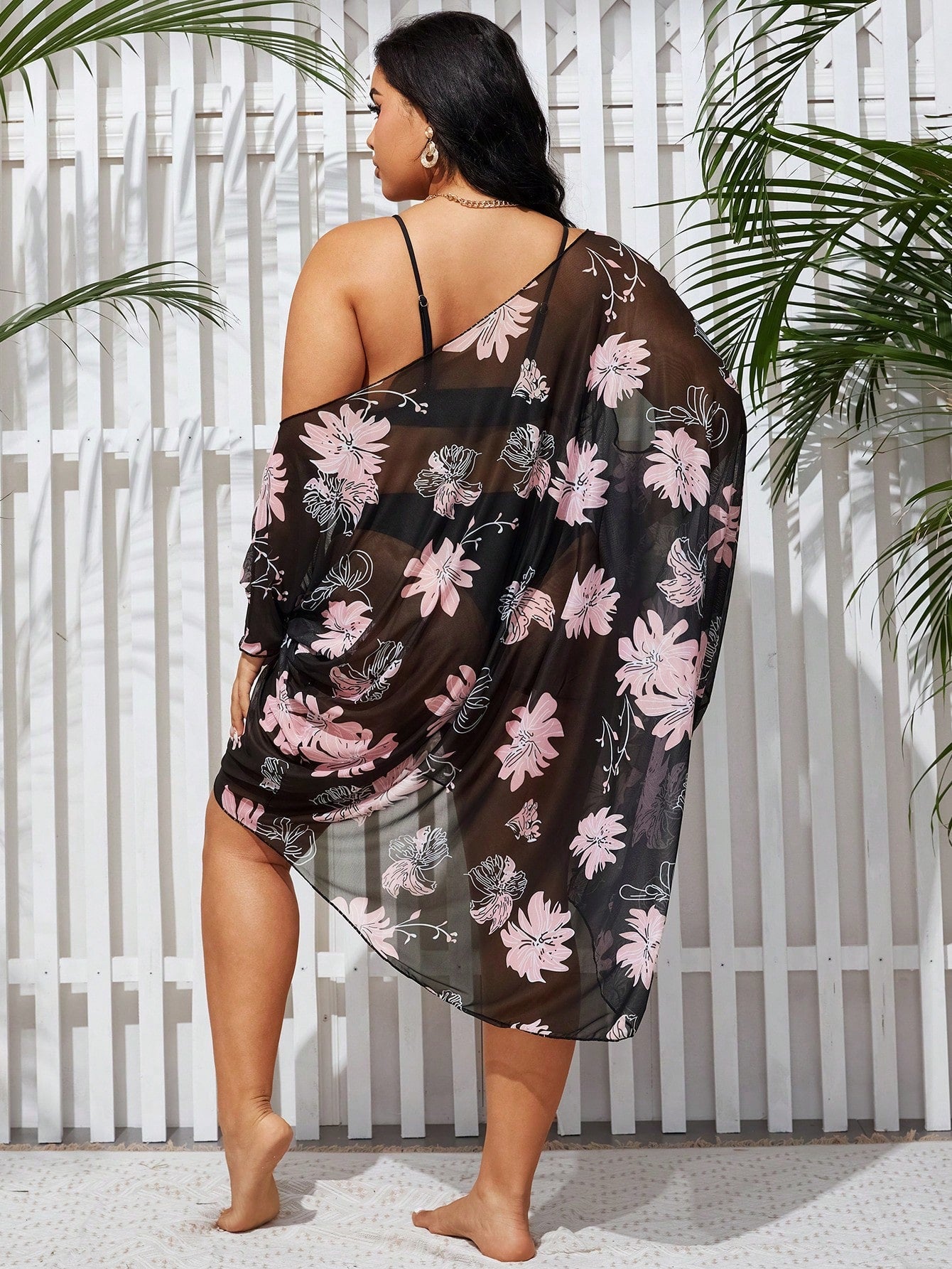 Plus Size Floral Printed Asymmetric Collar Cover Up