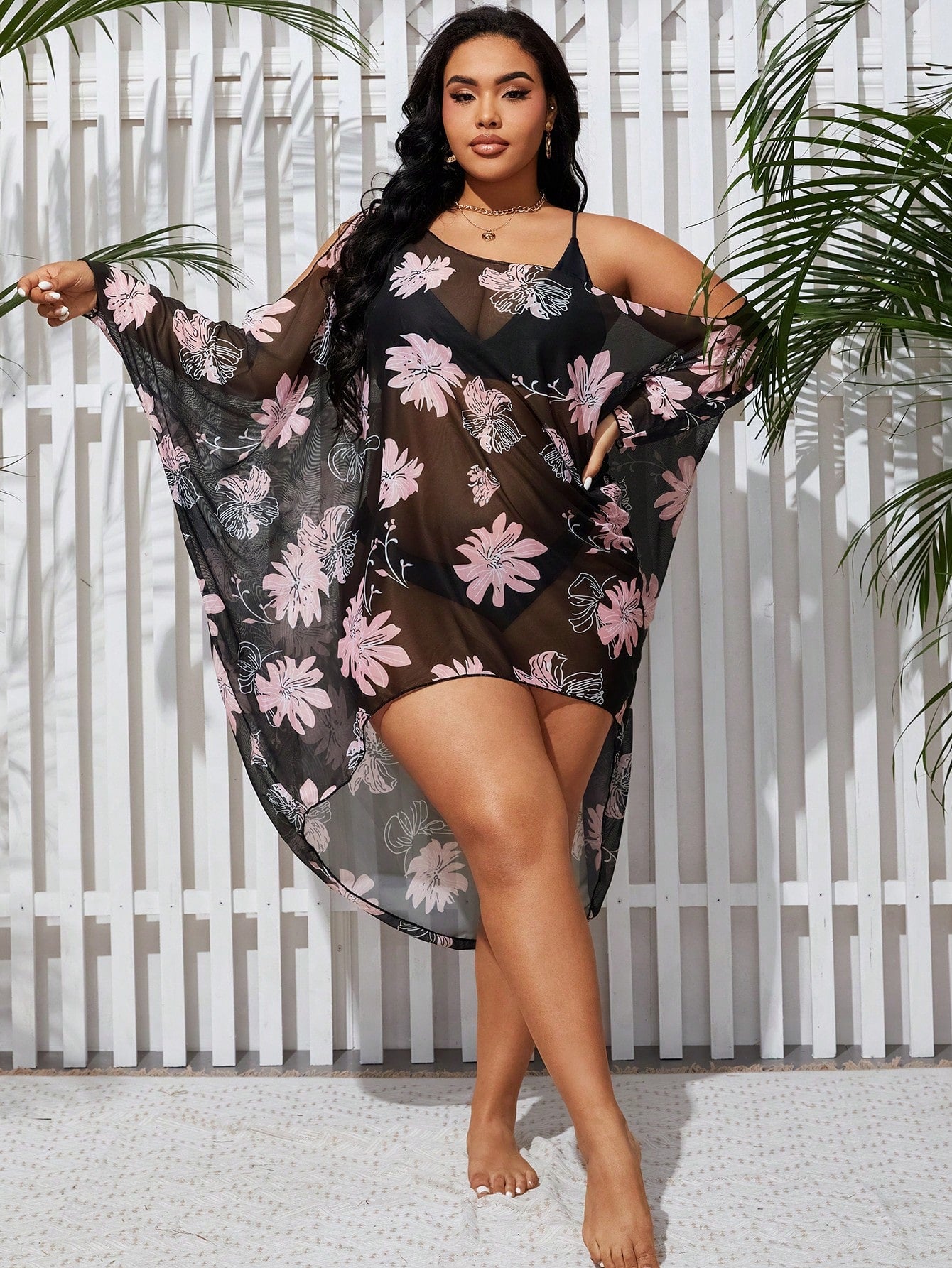 Plus Size Floral Printed Asymmetric Collar Cover Up