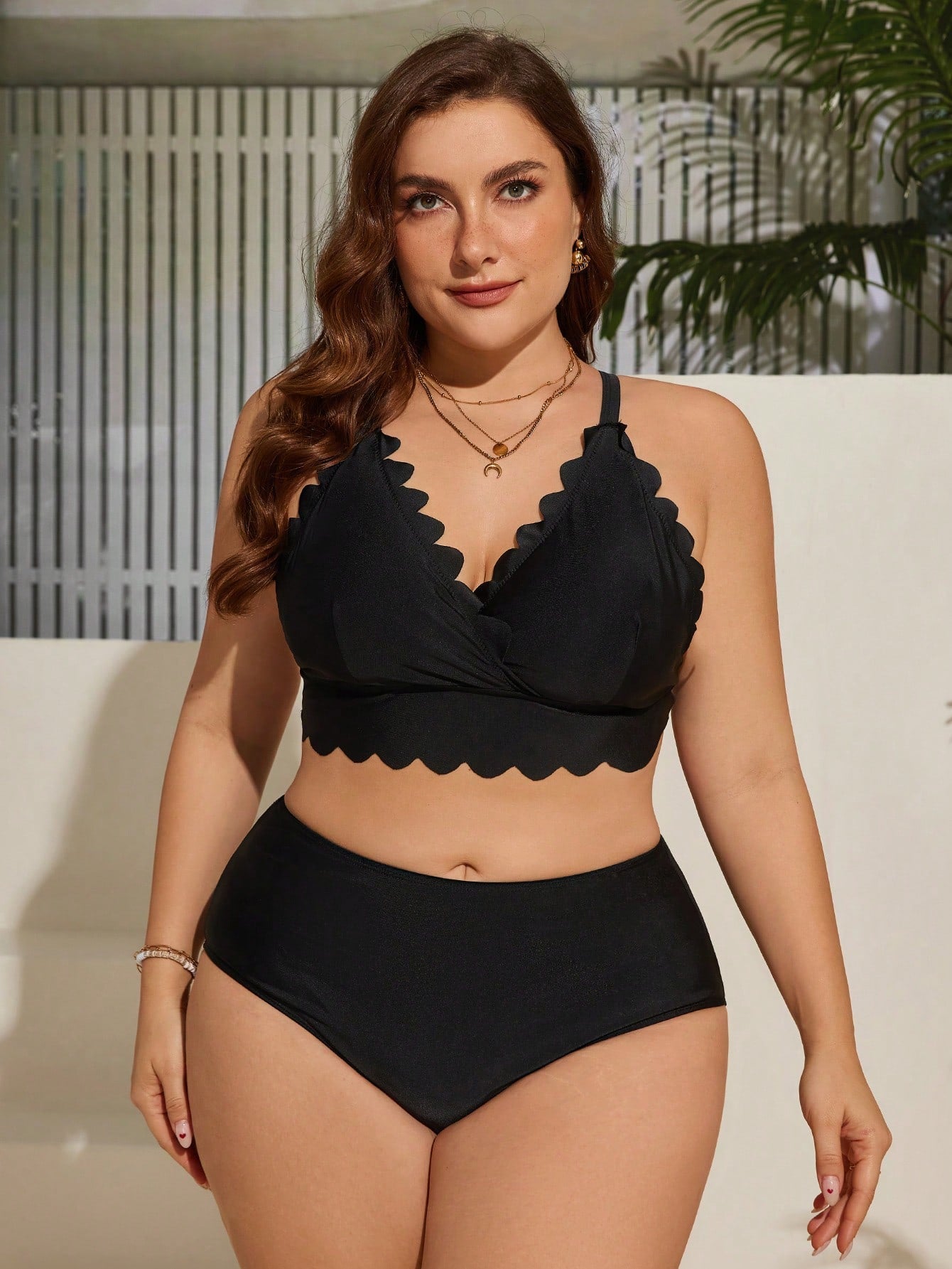 Plus Size Solid Color Swimsuit With Scallop Trim Details