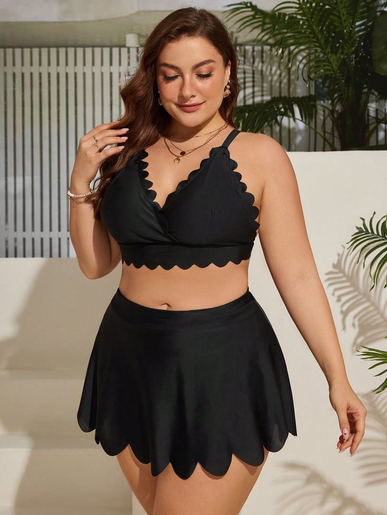 Plus Size Solid Color Swimsuit With Scallop Trim Details