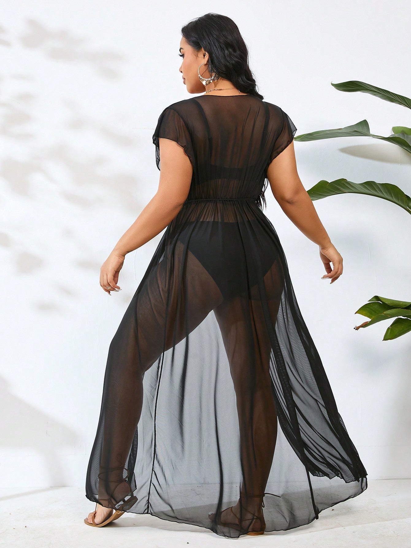 Plus Size Women's Sheer Flying Sleeve Kimono Dress, Short Sleeve Beach Outfit Vacay Vibe