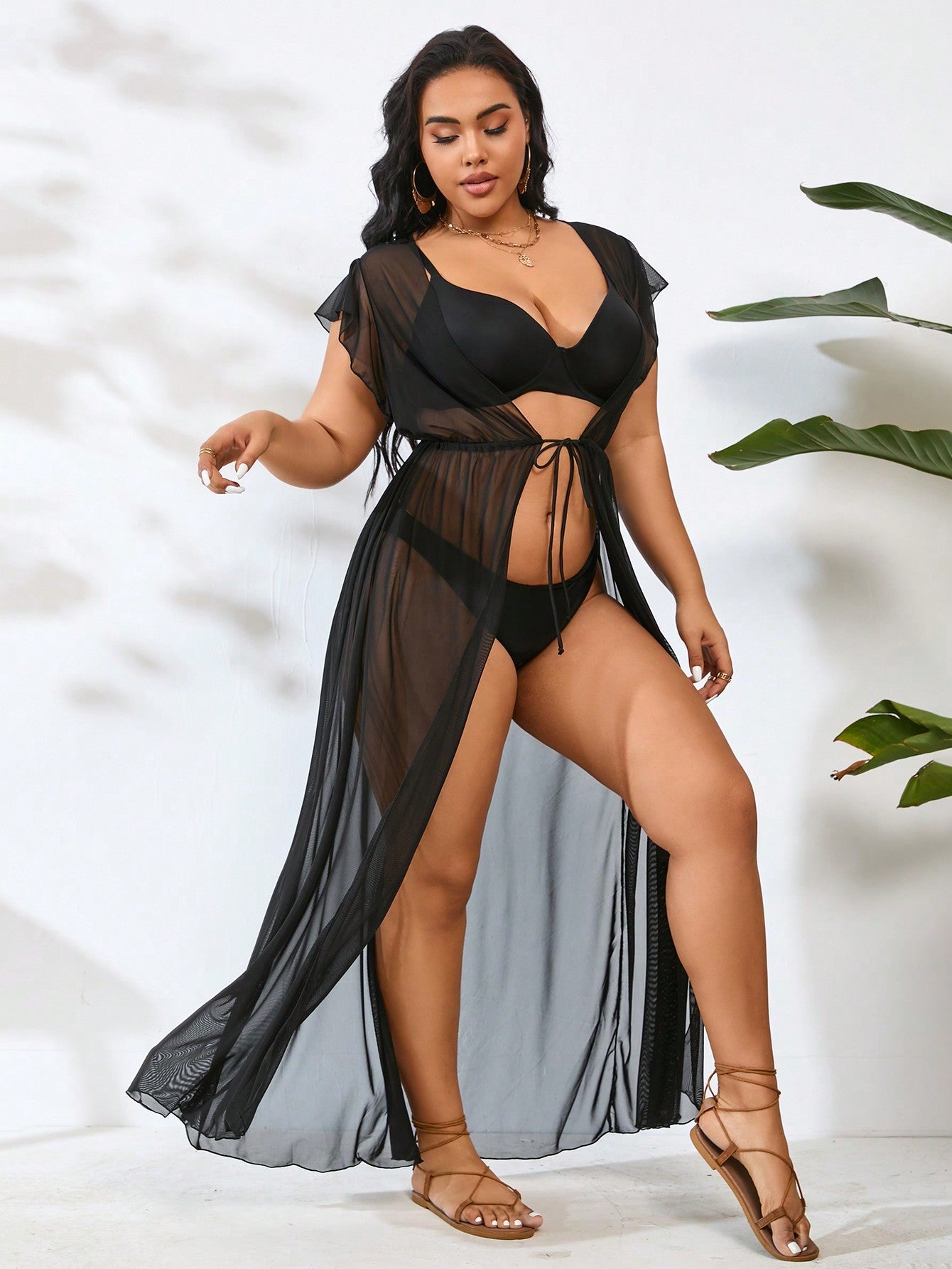 Plus Size Women's Sheer Flying Sleeve Kimono Dress, Short Sleeve Beach Outfit Vacay Vibe