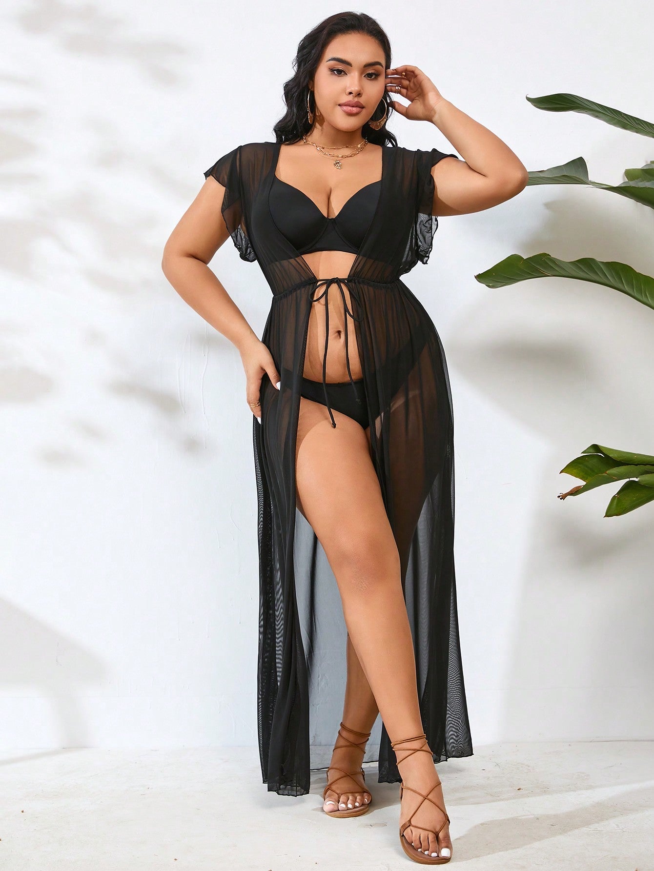 Plus Size Women's Sheer Flying Sleeve Kimono Dress, Short Sleeve Beach Outfit Vacay Vibe