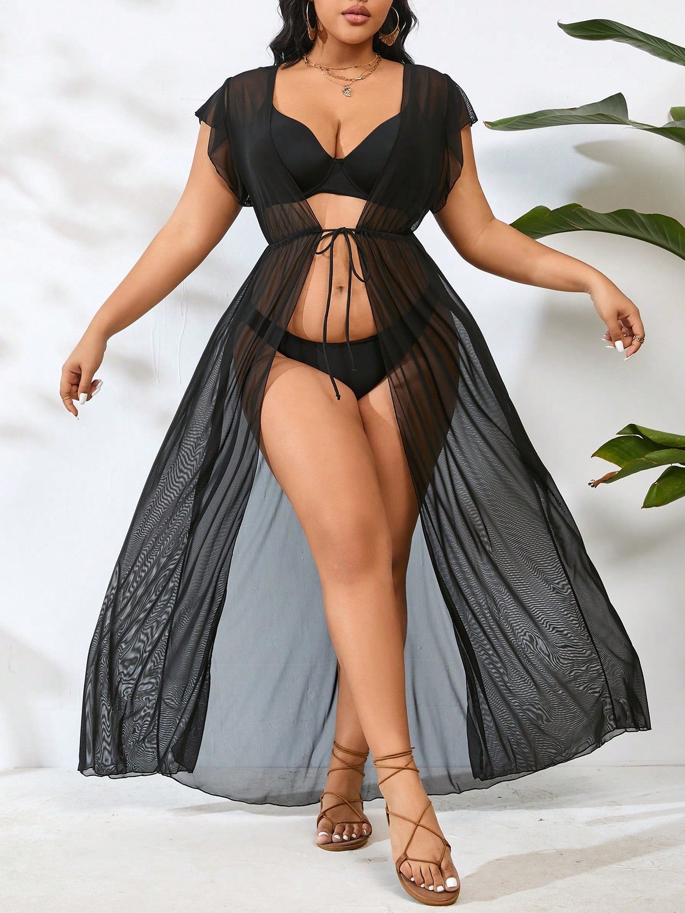 Plus Size Women's Sheer Flying Sleeve Kimono Dress, Short Sleeve Beach Outfit Vacay Vibe