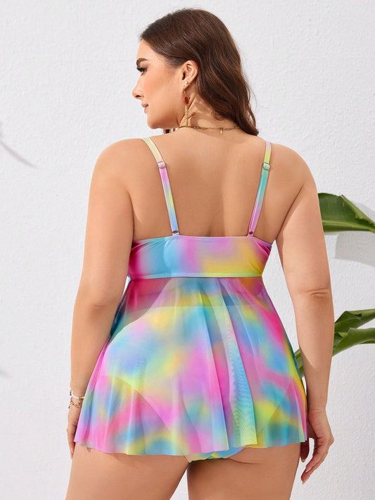 Plus Size Women's Tie Dye Crisscross Design Vest Style Bikini, Bathing Suit Beach Outfit Vacay Vibe