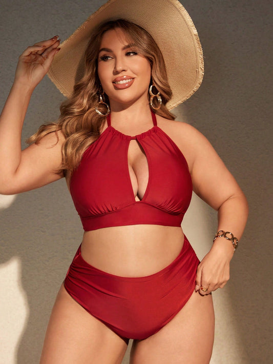 Plus Size Solid Color Ruched Swimsuit Set, High Waisted Two Piece Bikini Swimwear Bathing Suit Beach Outfit Summer Vacation