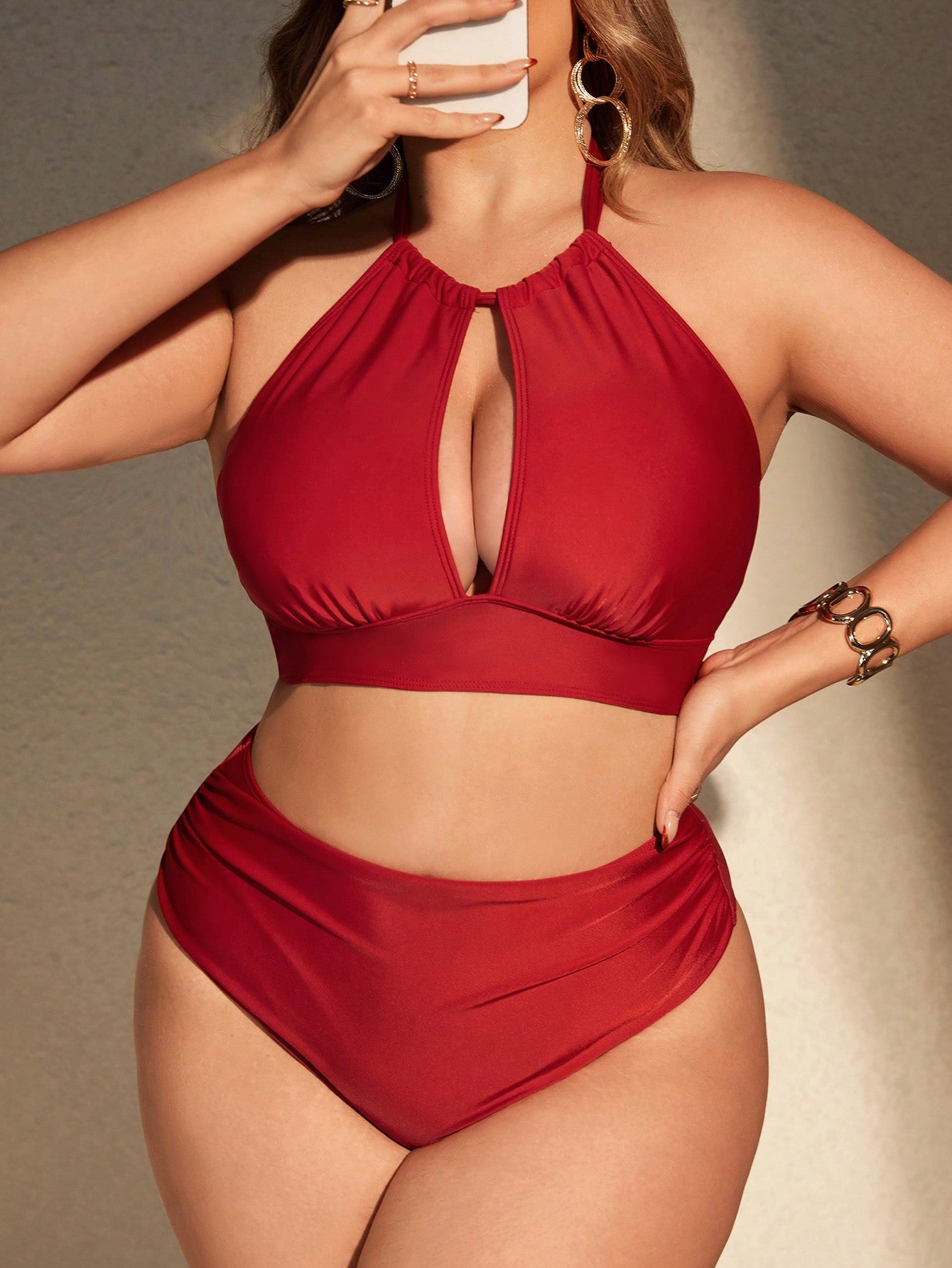 Plus Size Solid Color Ruched Swimsuit Set, High Waisted Two Piece Bikini Swimwear Bathing Suit Beach Outfit Summer Vacation